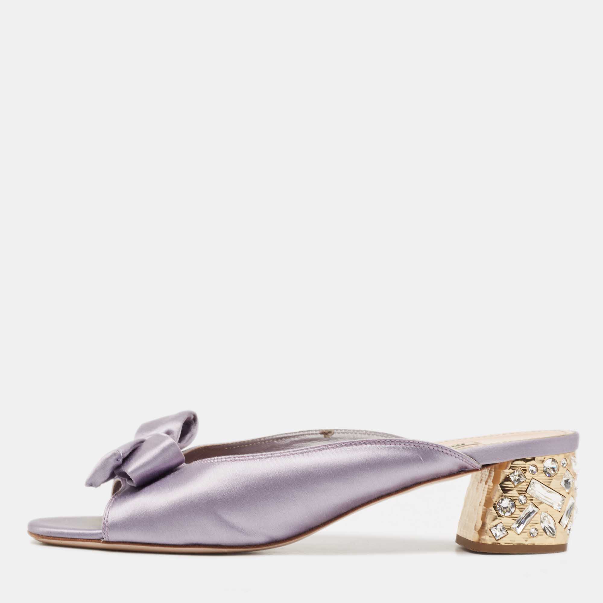 

Miu Miu Purple Satin Bow Crystal Heel Sandals Size