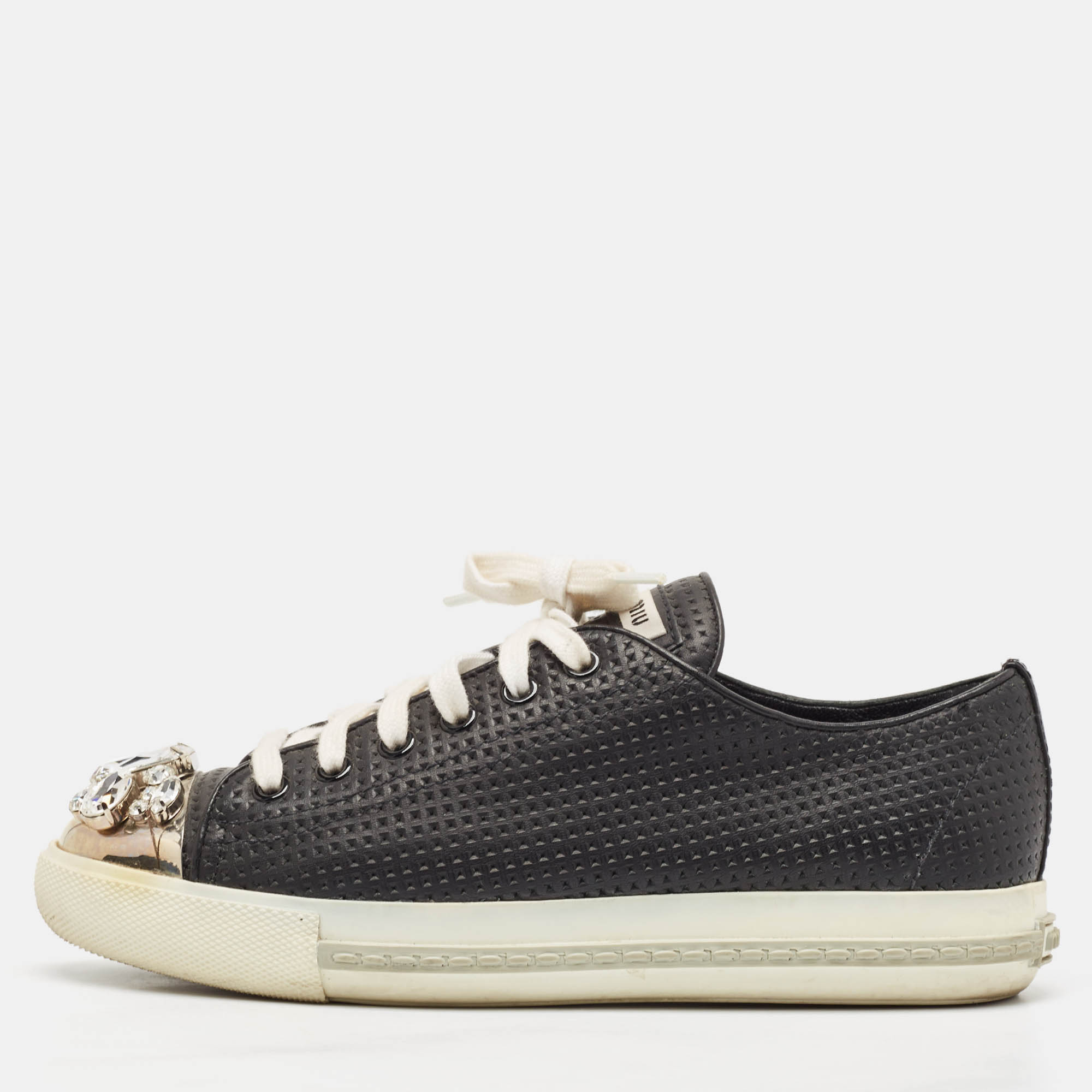 

Miu Miu Black Leather Crystal Embellished Cap Toe Low Top Sneakers Size