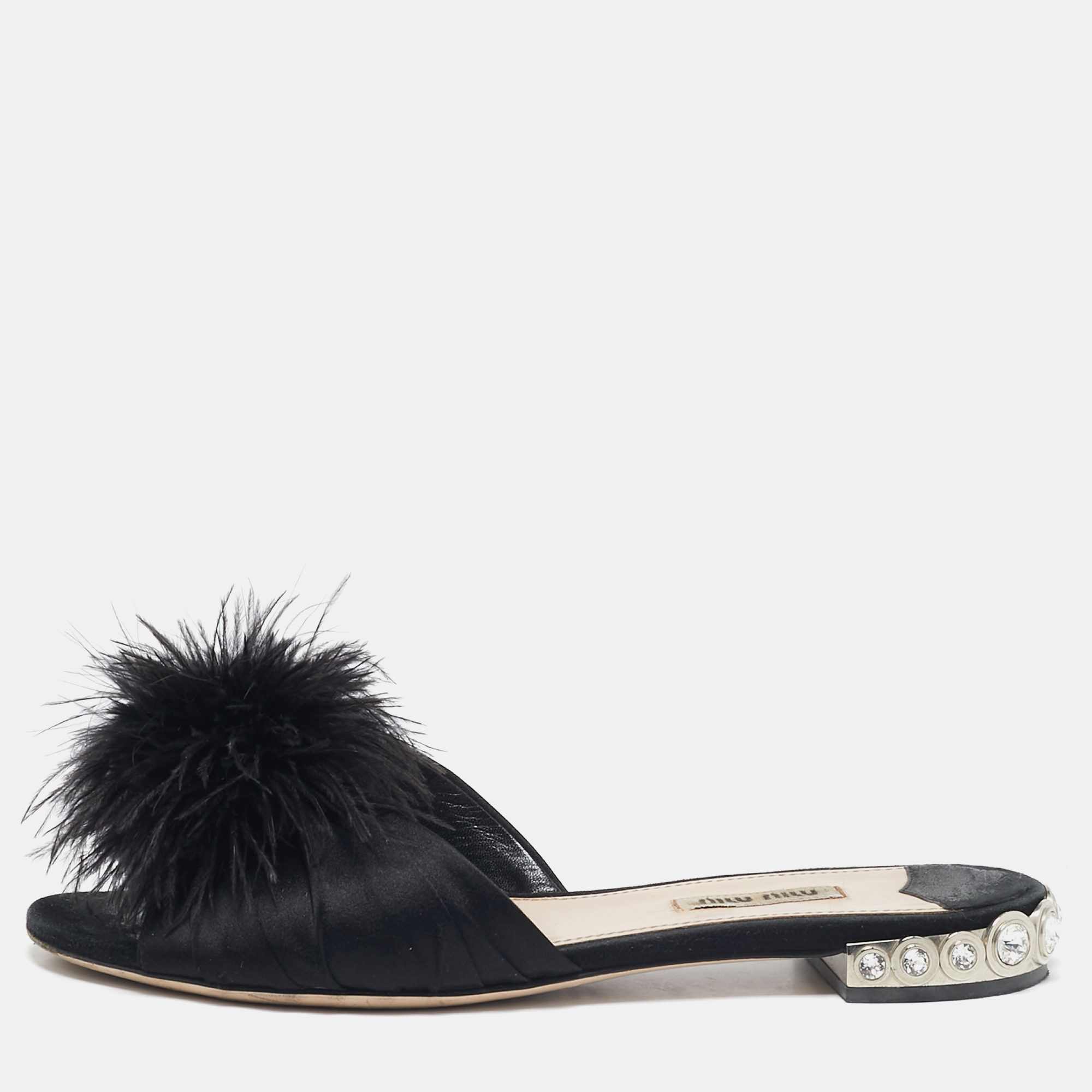 

Miu Miu Black Ostrich Feather and Satin Crystals Embellished Slide Flats Size