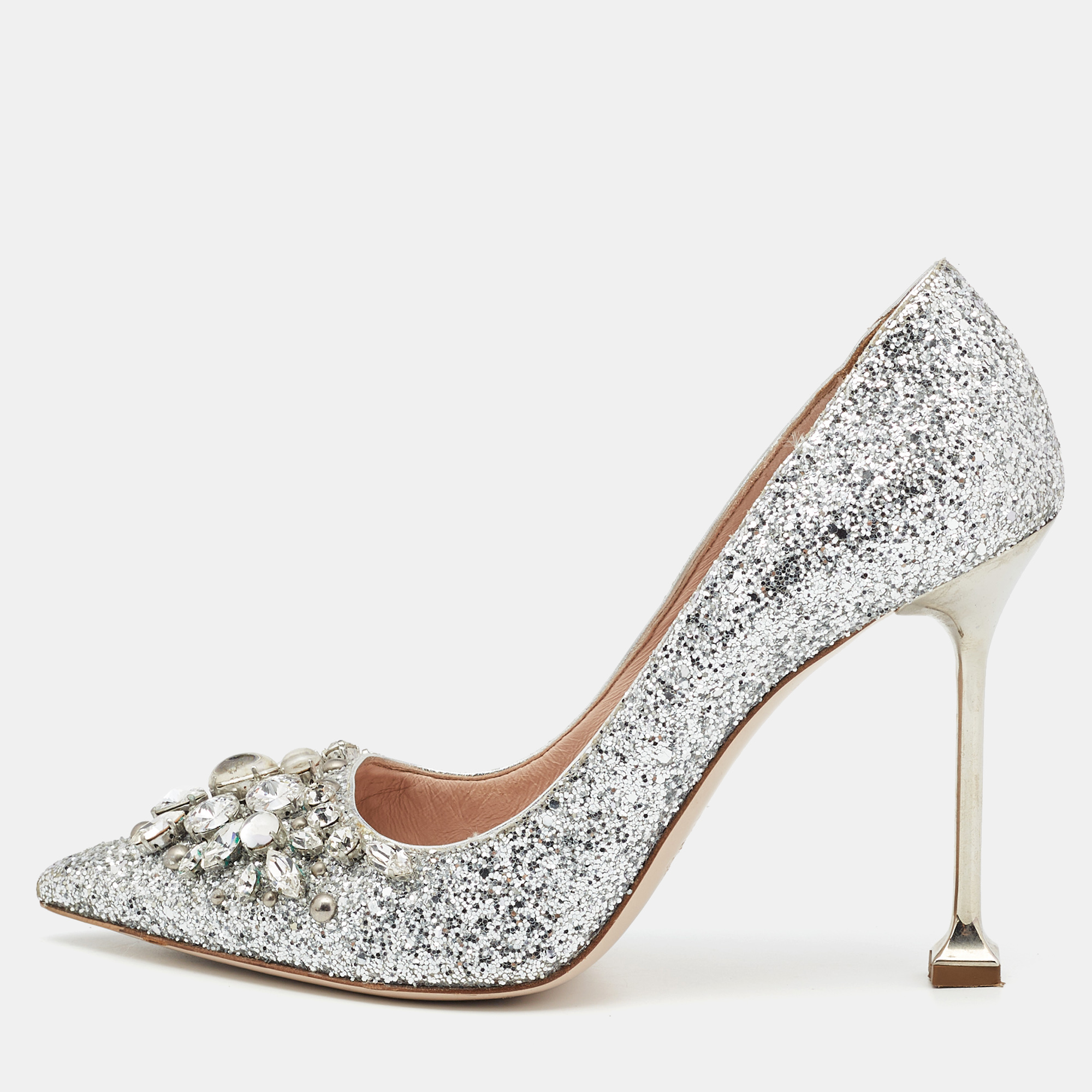 

Miu Miu Silver Studded Glitter Crystal Embellished Pointed-Toe Pumps Size