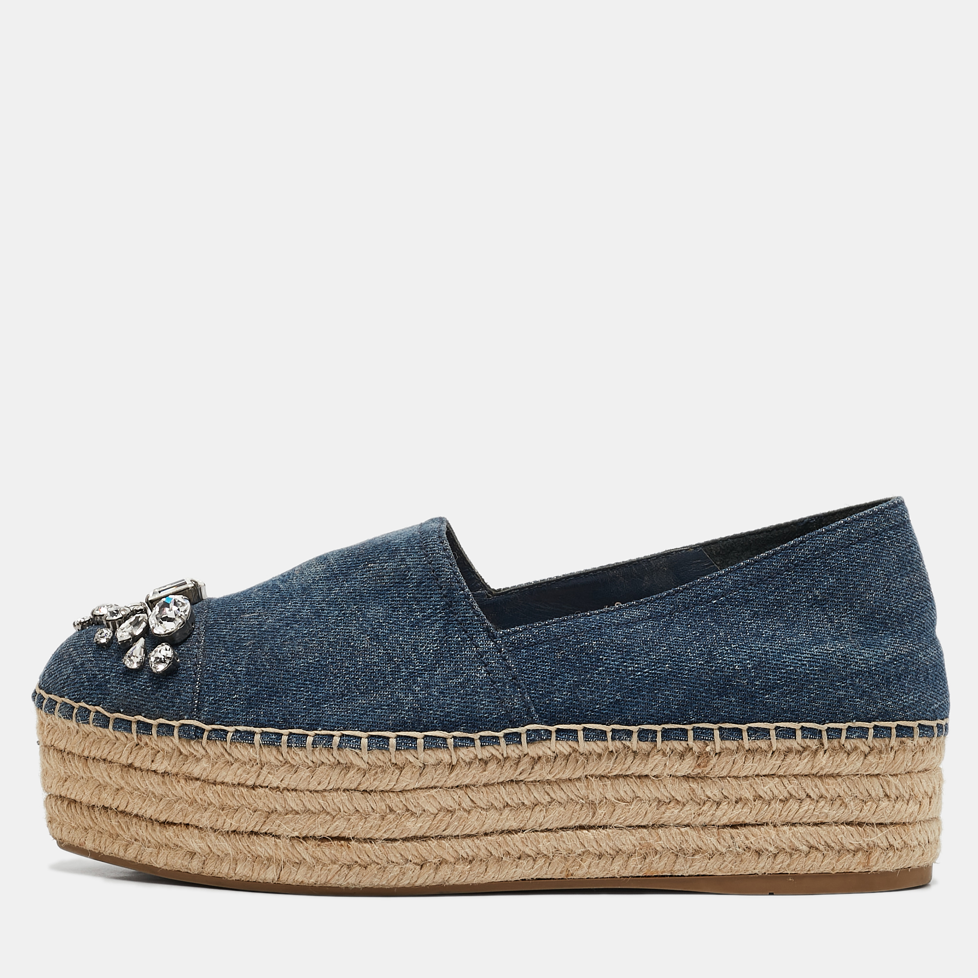 

Miu Miu Blue Denim Crystal Embellished Platform Espadrille Flats Size 40