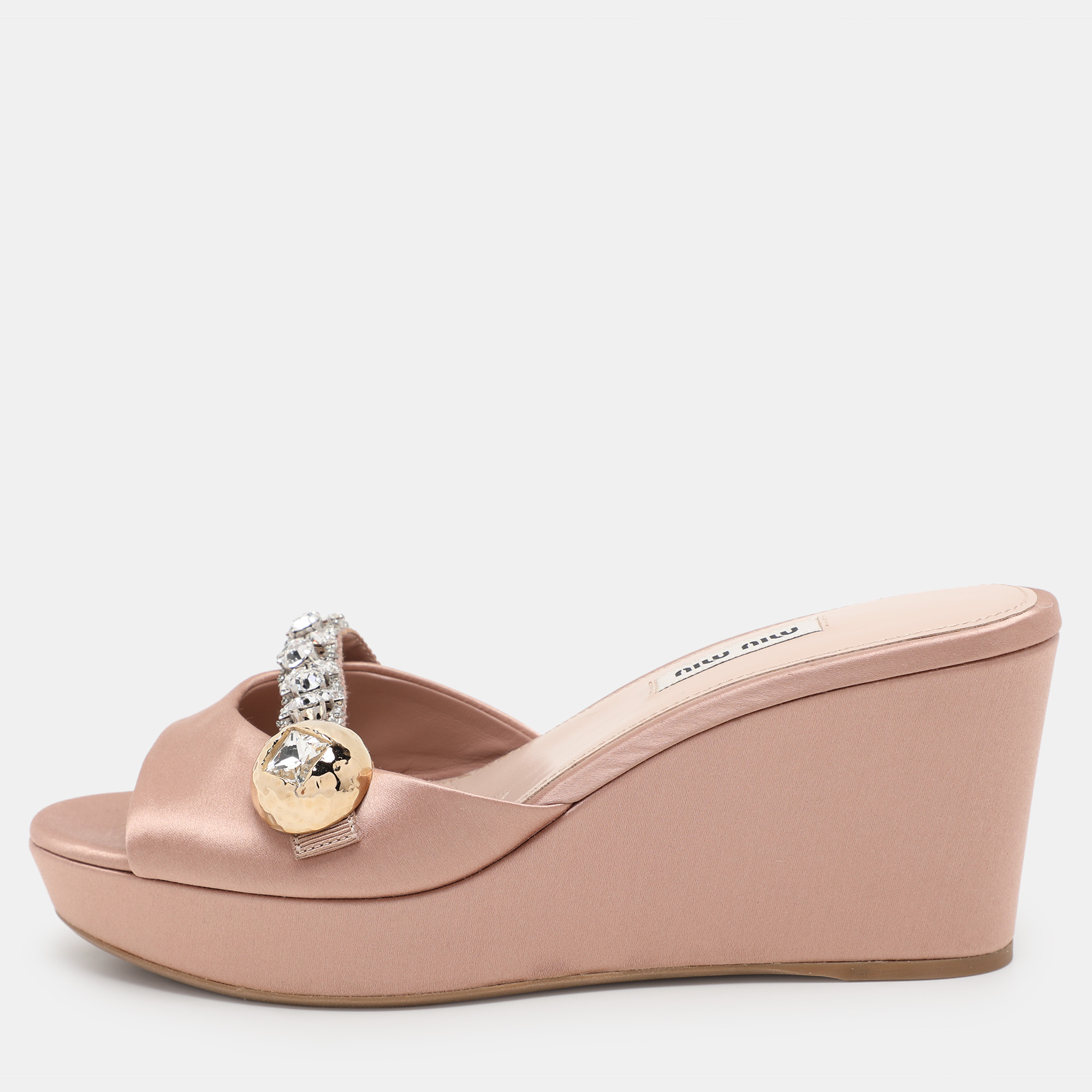 

Miu Miu Nude Pink Satin Crystal Embellished Wedge Platform Slide Sandals Size 38.5