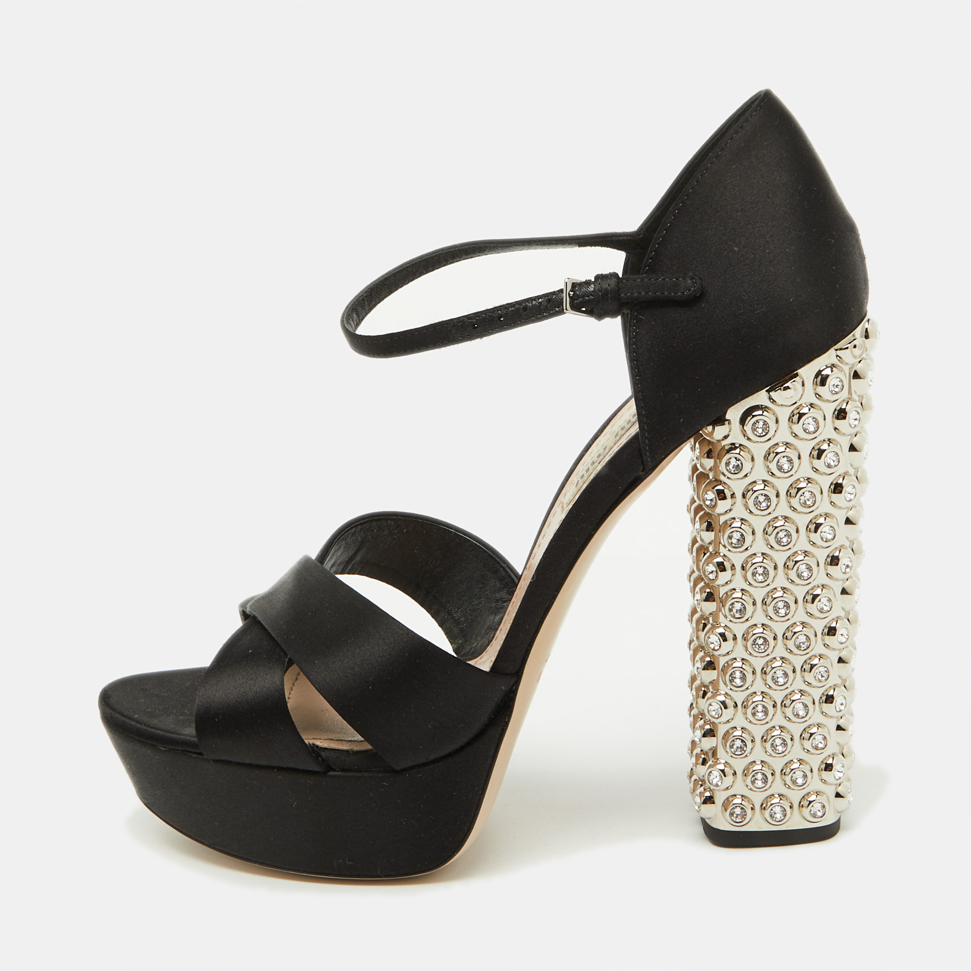 

Miu Miu Black Satin T-Strap Crystal Embellished Heel Platform Sandals Size