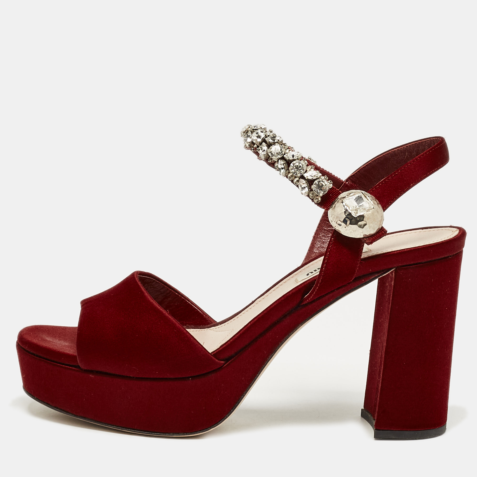 

Miu Miu Burgundy Satin Crystal Embellished Platform Sandals Size