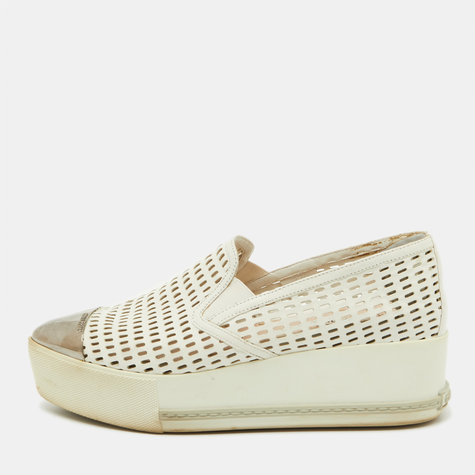 

Miu Miu White Perforated Leather Metal Cap Toe Slip On Sneakers Size