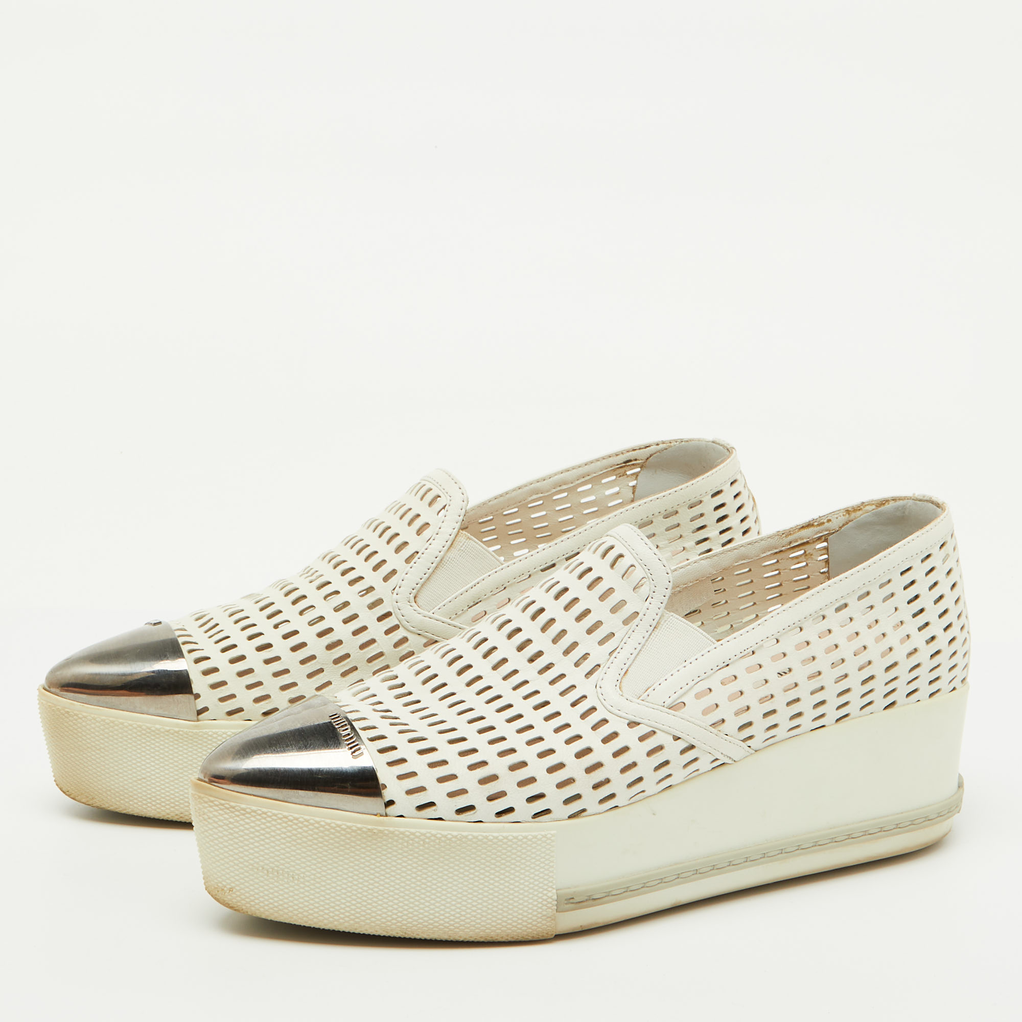 Miu Miu White Perforated Leather Metal Cap Toe Slip On Sneakers Size 37.5 
