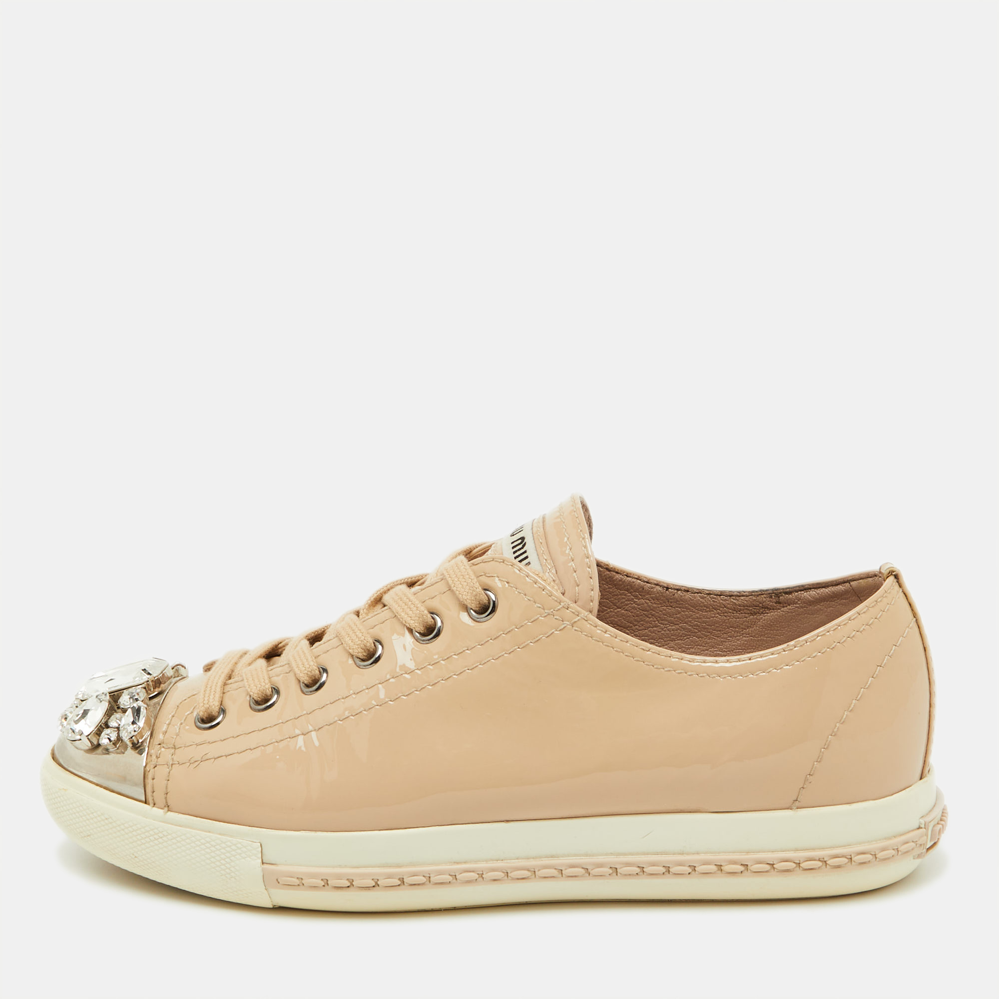 

Miu Miu Beige Patent Leather Cap Toe Crystal Embellished Low Top Sneakers Size