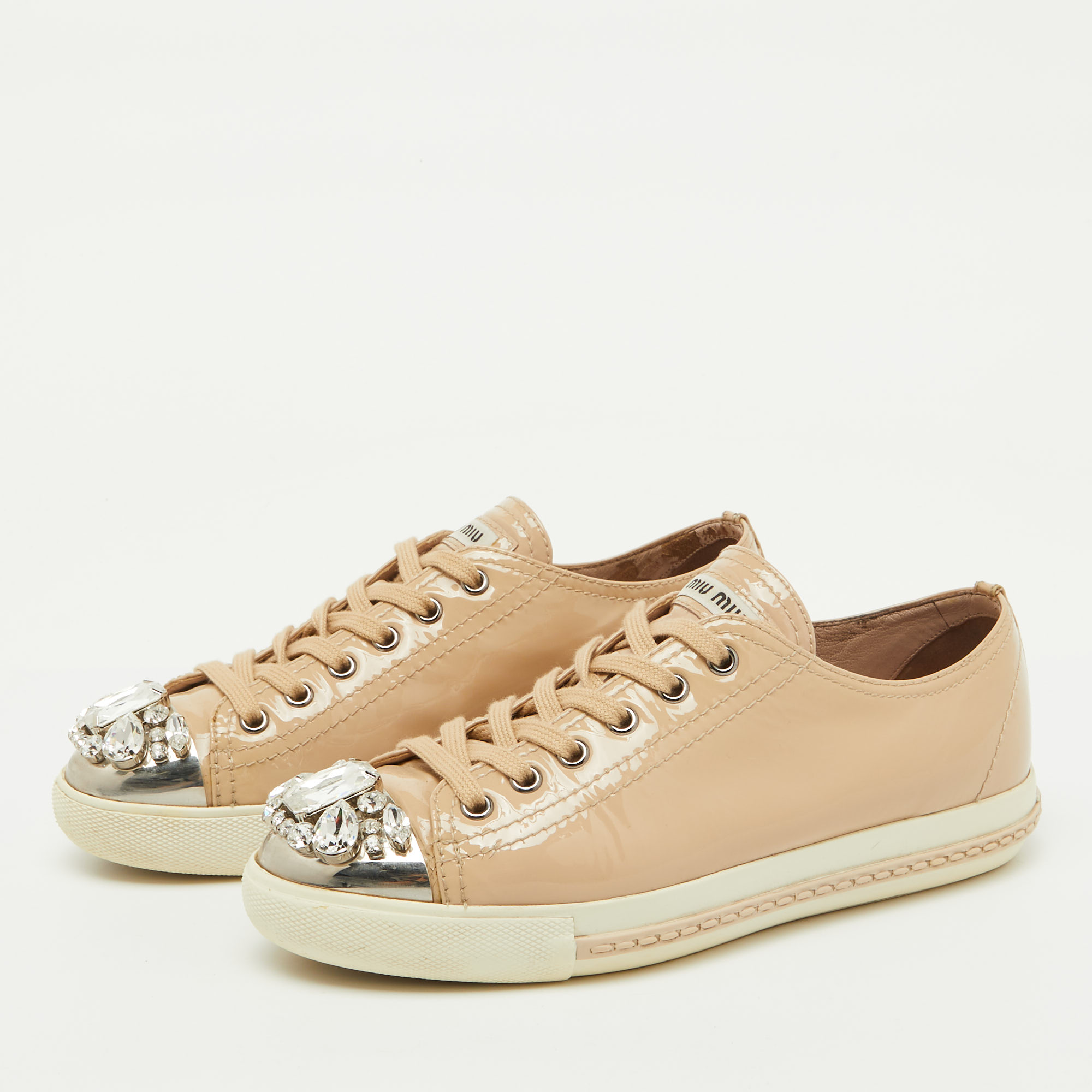 Miu Miu Beige Patent Leather Cap Toe Crystal Embellished Low Top Sneakers Size 37.5 
