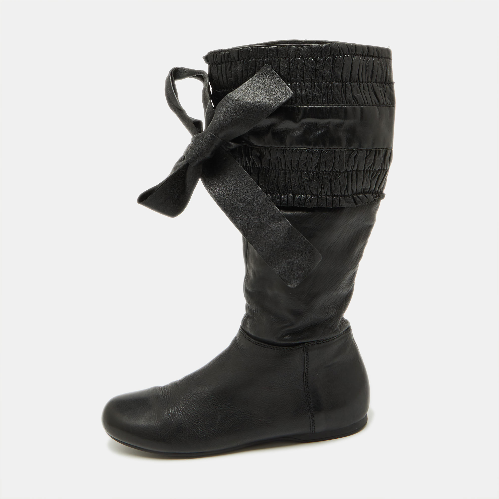 

Miu Miu Black Leather Gathered Bow Calf Length Boots Size