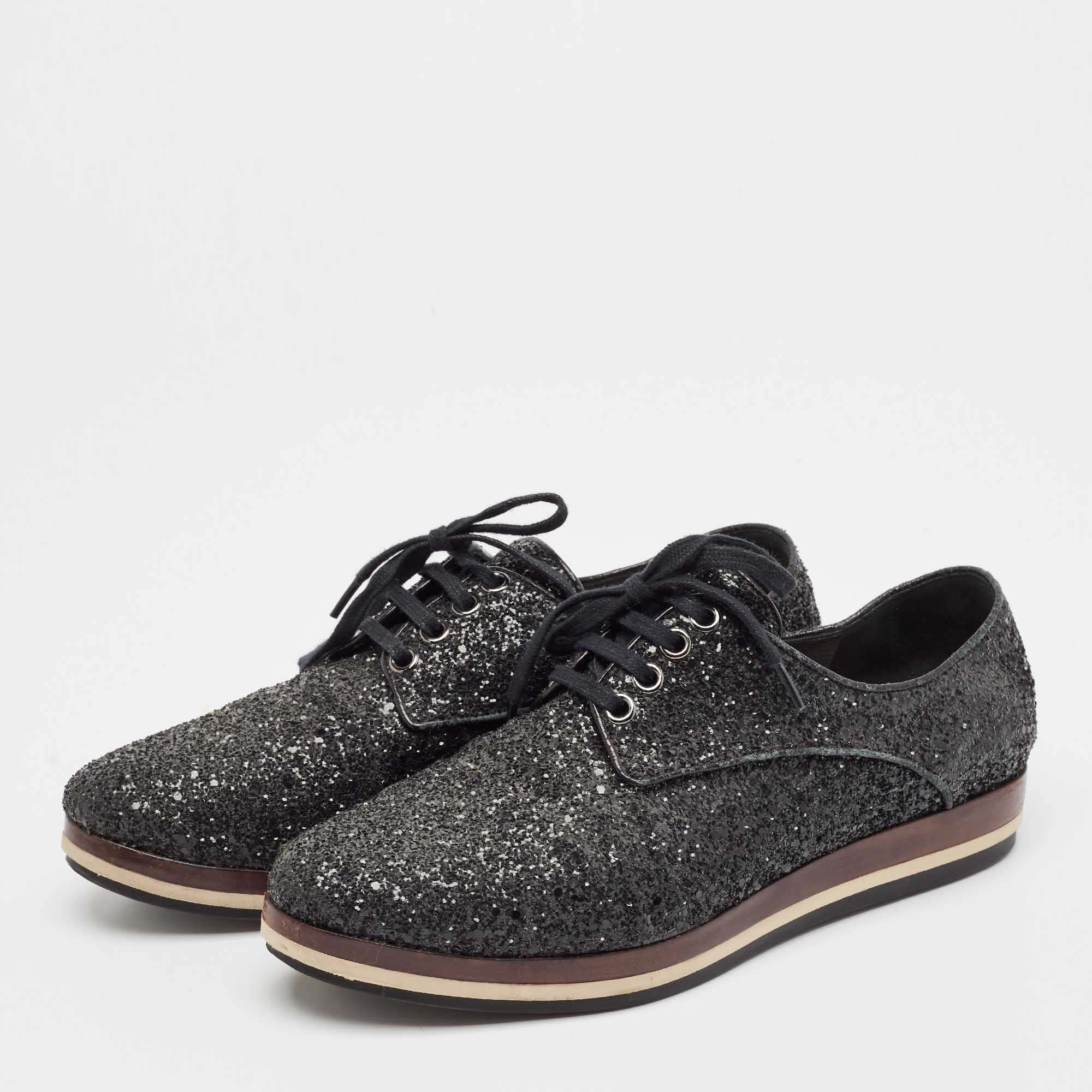 Miu Miu Black Glitter Lace Up Sneakers Size 39 