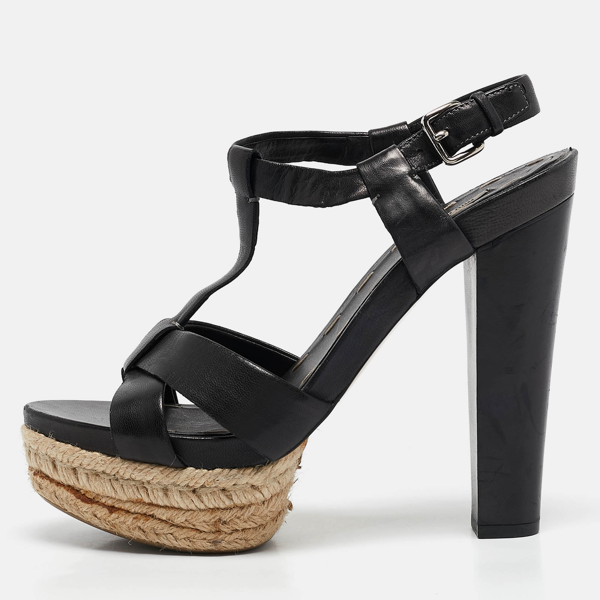 

Miu Miu Black Leather Platform Ankle Strap Sandals Size