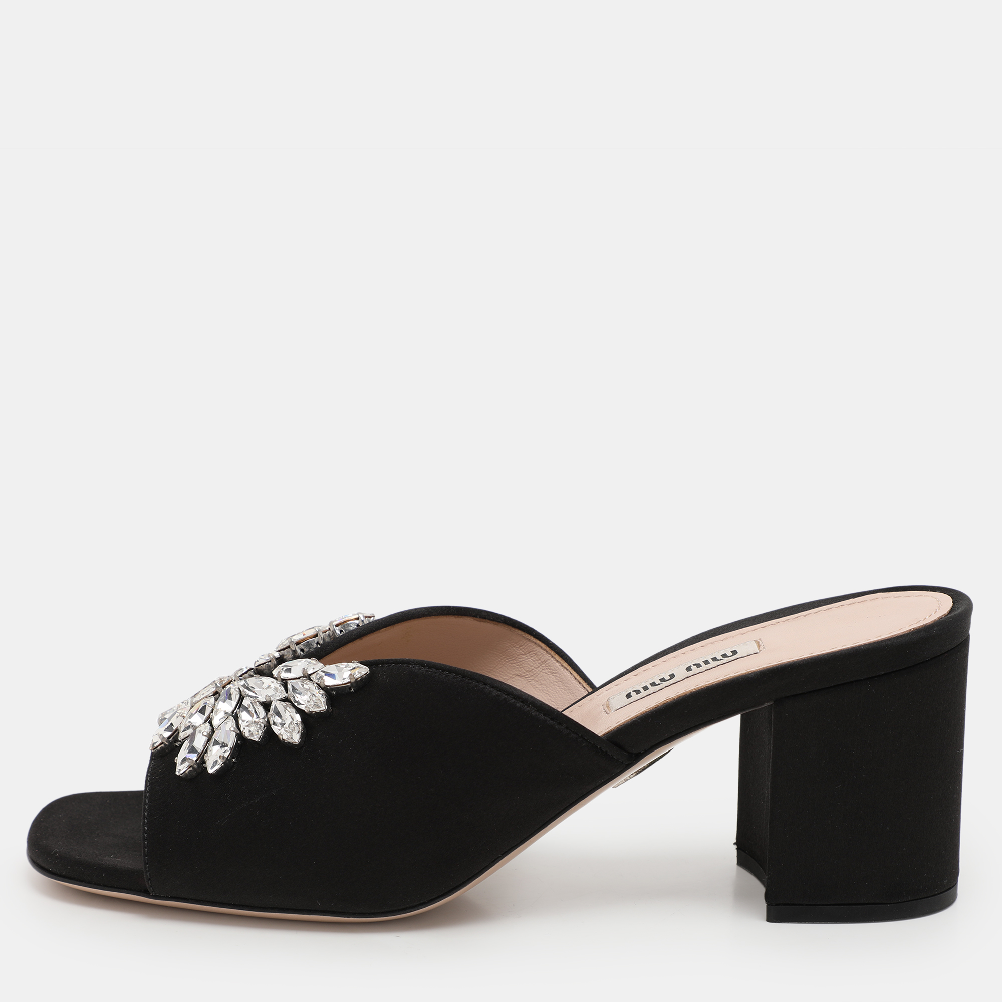 

Miu Miu Black Satin Crystal Embellished Block Heel Slide Sandals Size