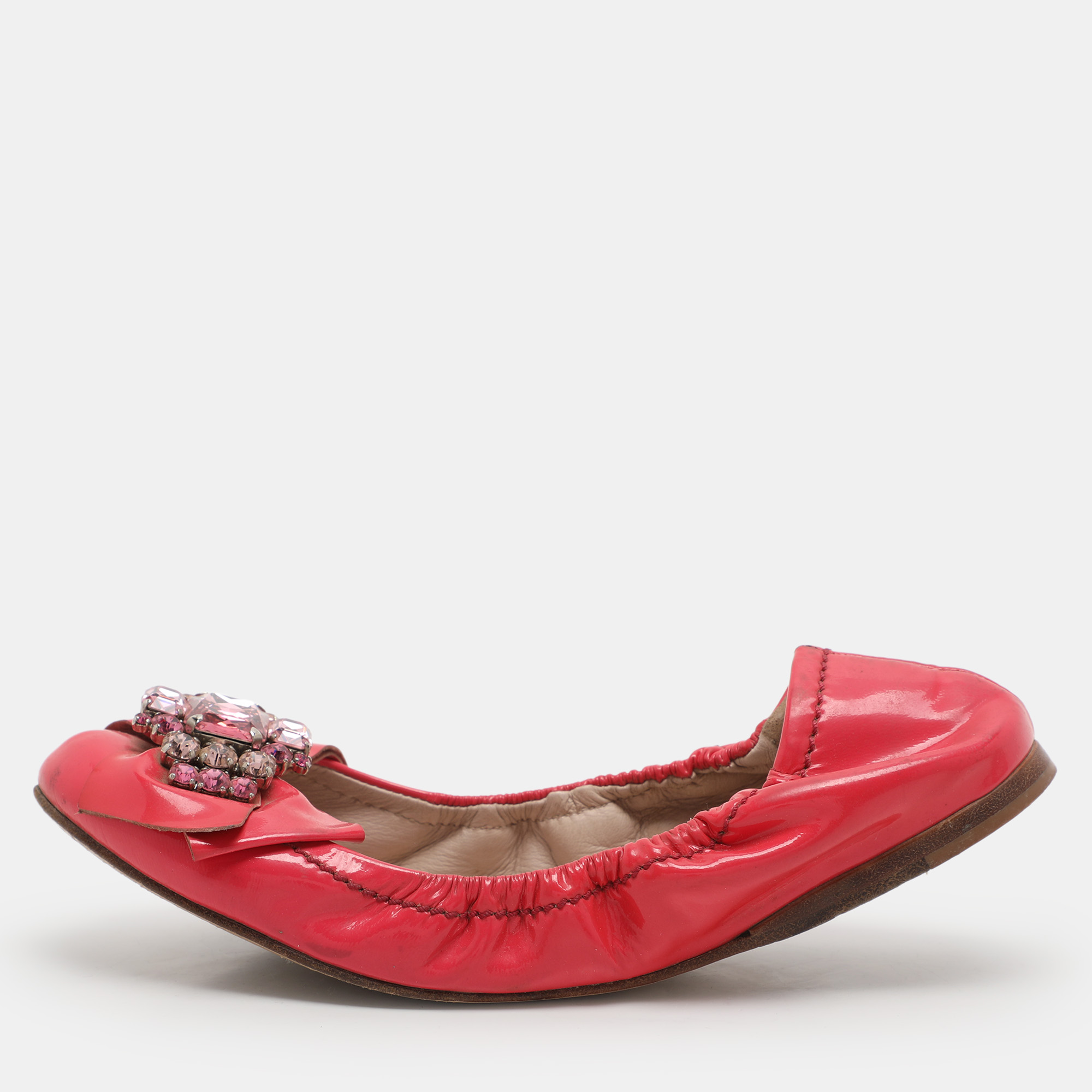 

Miu Miu Pink Patent Leather Crystal Embellished Scrunch Ballet Flats Size