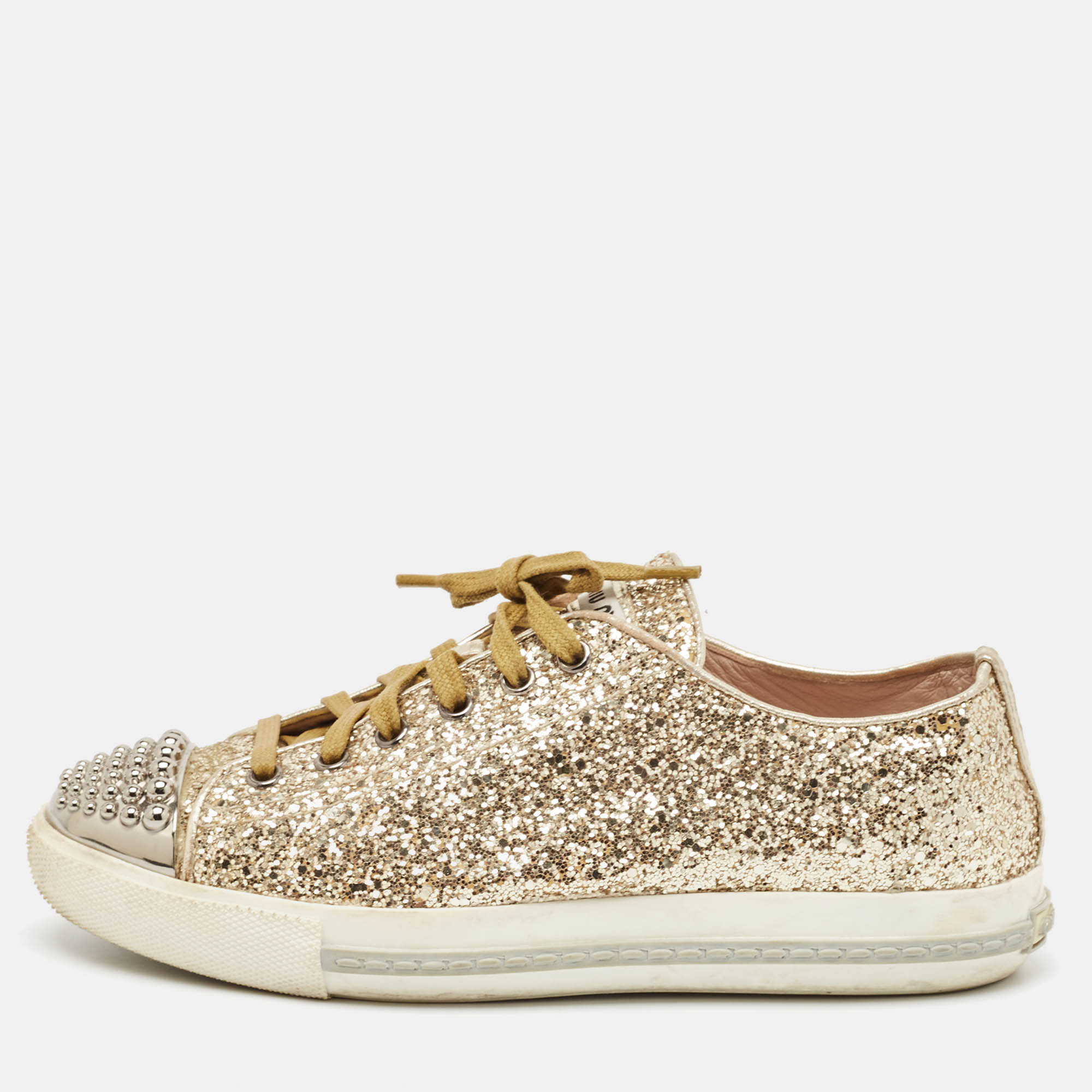 

Miu Miu Gold Coarse Glitter Metal Cap Toe Low Top Sneakers Size