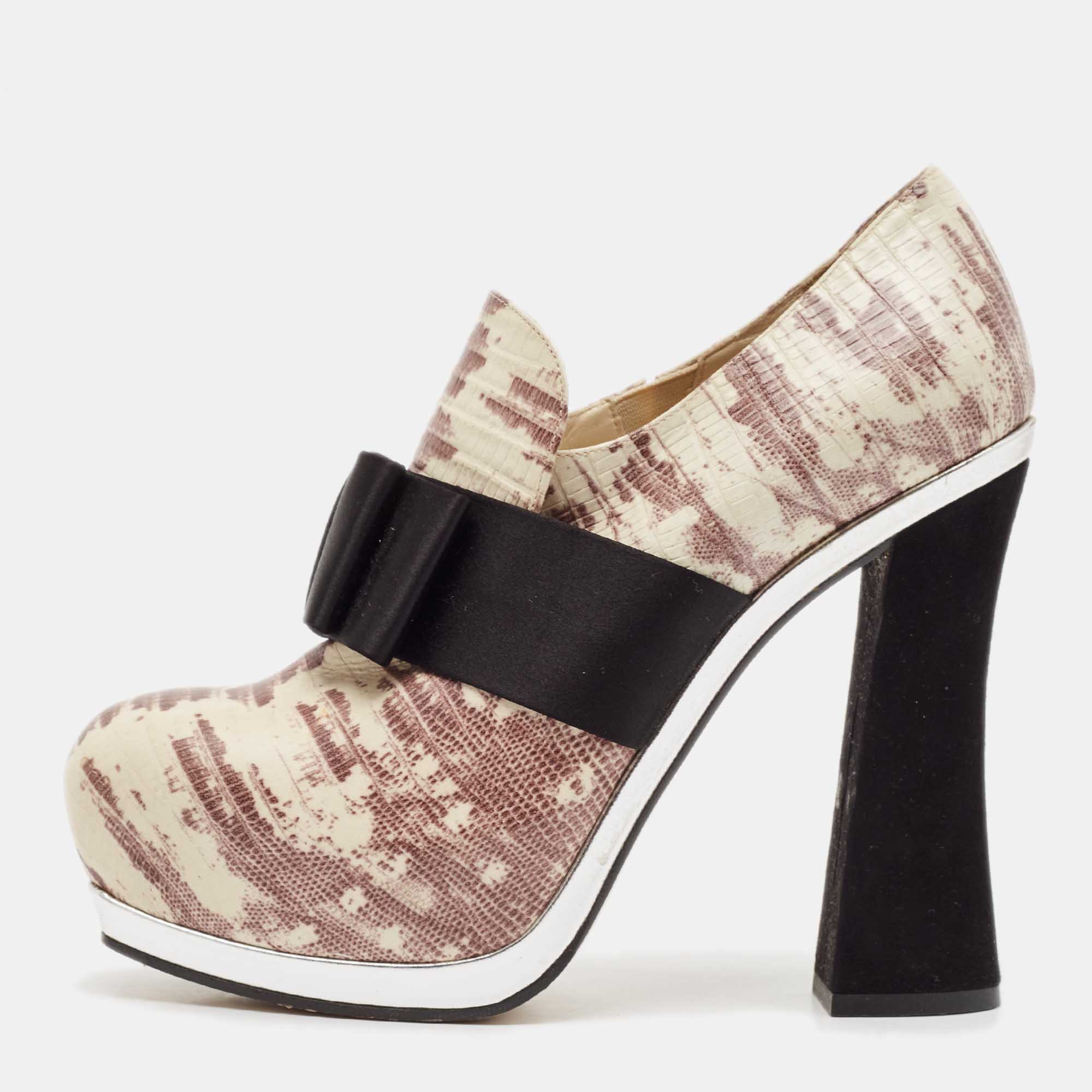 

Miu Miu Beige/Black Lizard Embossed Leather Bow Platform Block Heel Pumps Size