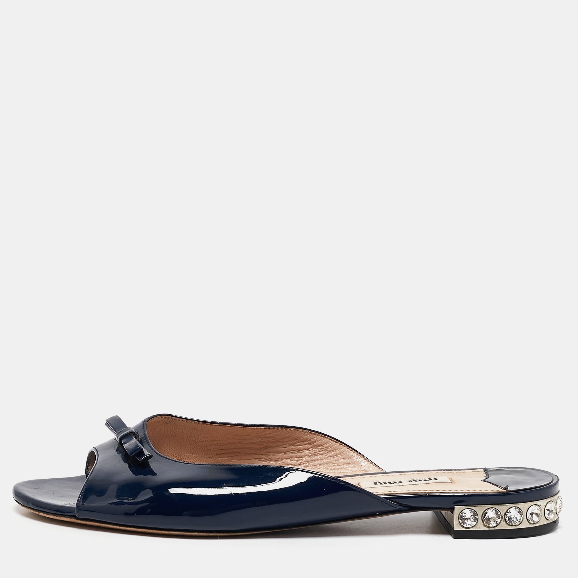 

Miu Miu Blue Patent Leather Crystal Embellished Bow Flat Slides Size, Navy blue