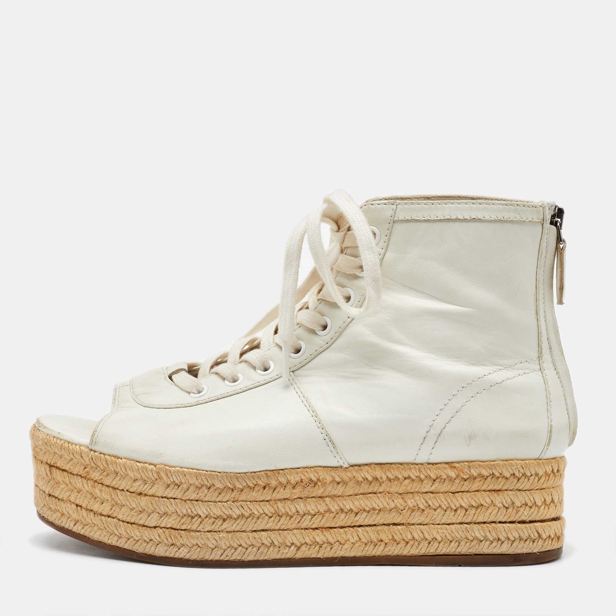 

Miu Miu White Leather Open Toe Espadrille Platform High Top Sneakers Size