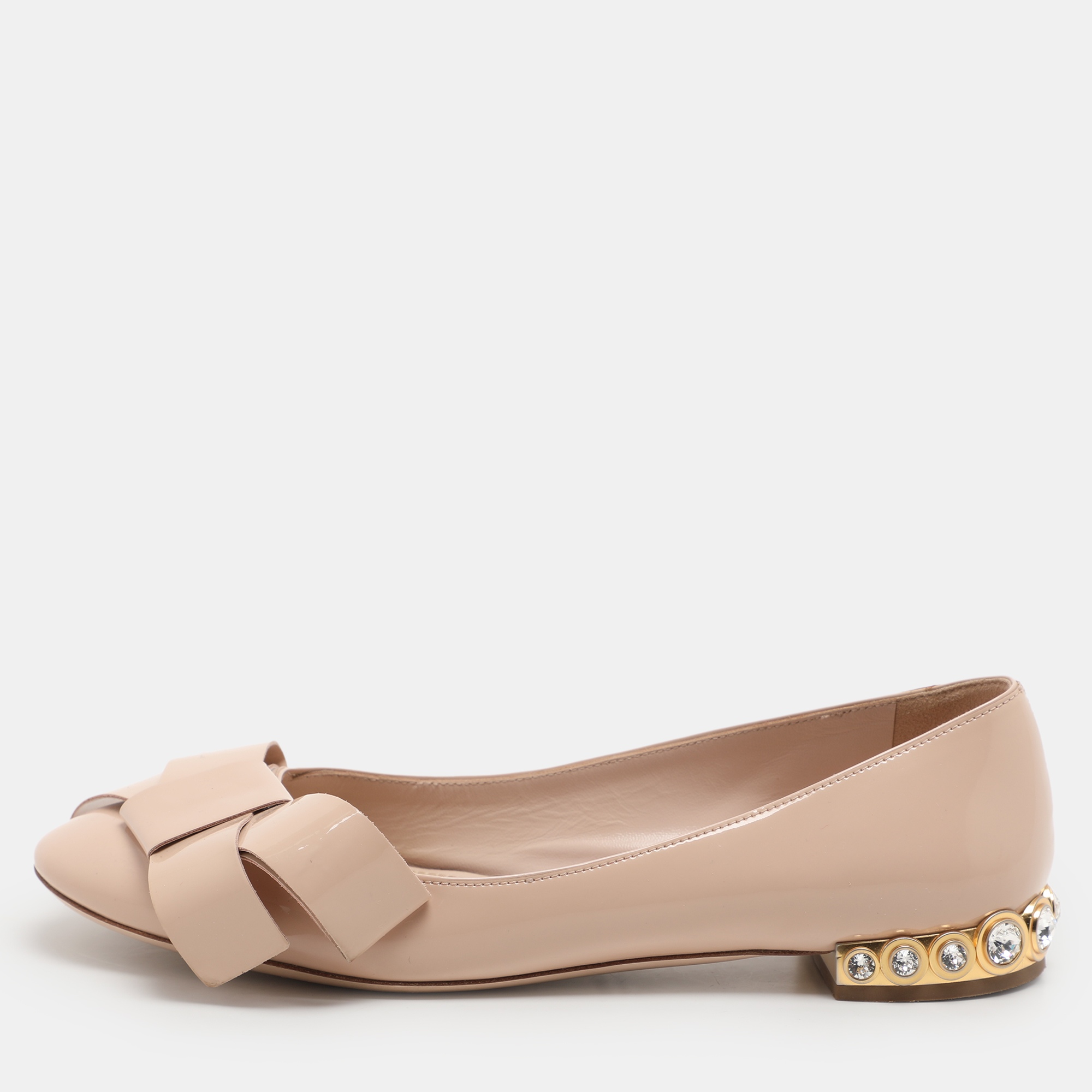 

Miu Miu Light Beige Patent Leather Bow Detail Crystal Embellished Heel Ballet Flats Size 36