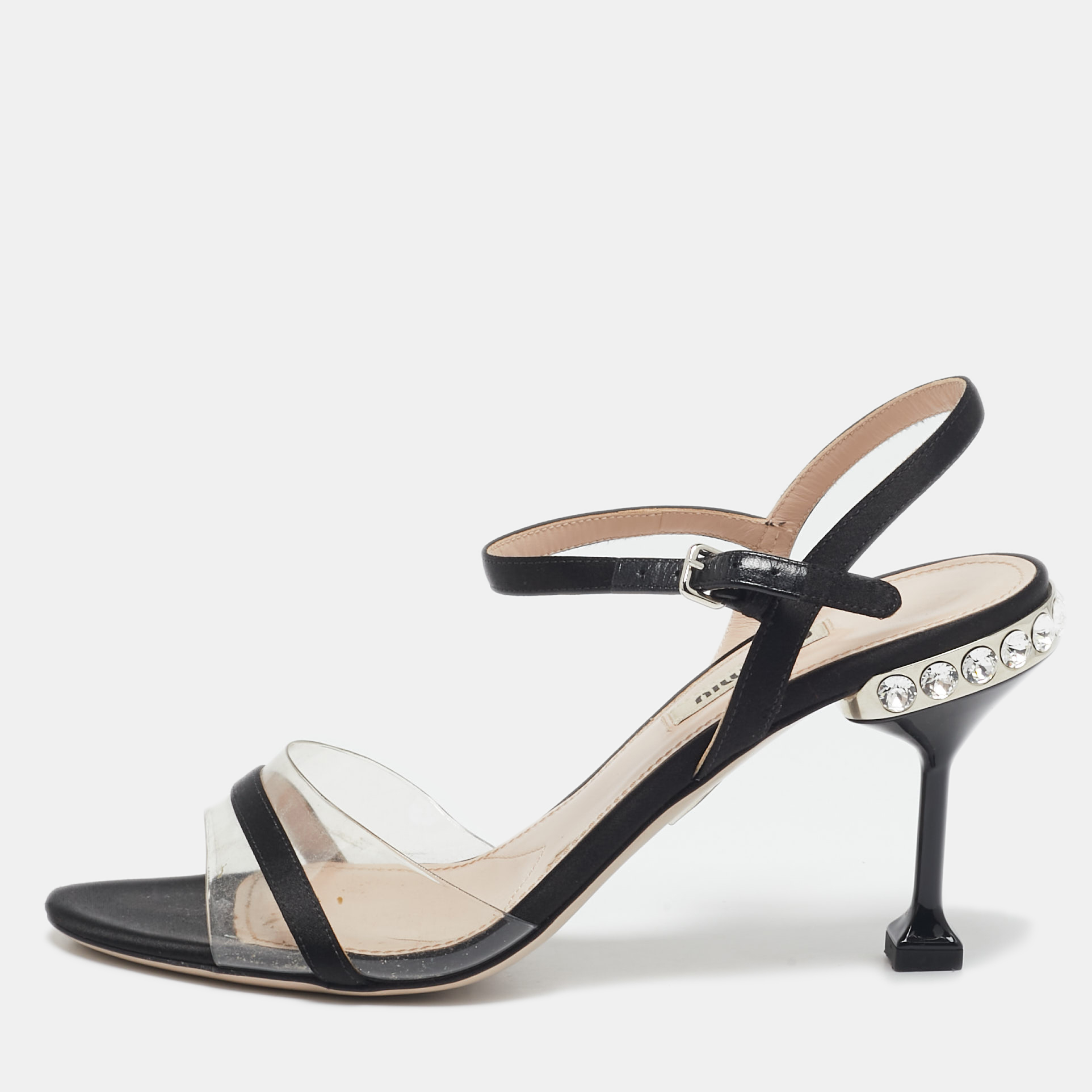 

Miu Miu Black Satin And PVC Embellished Heel Ankle Strap Sandals Size