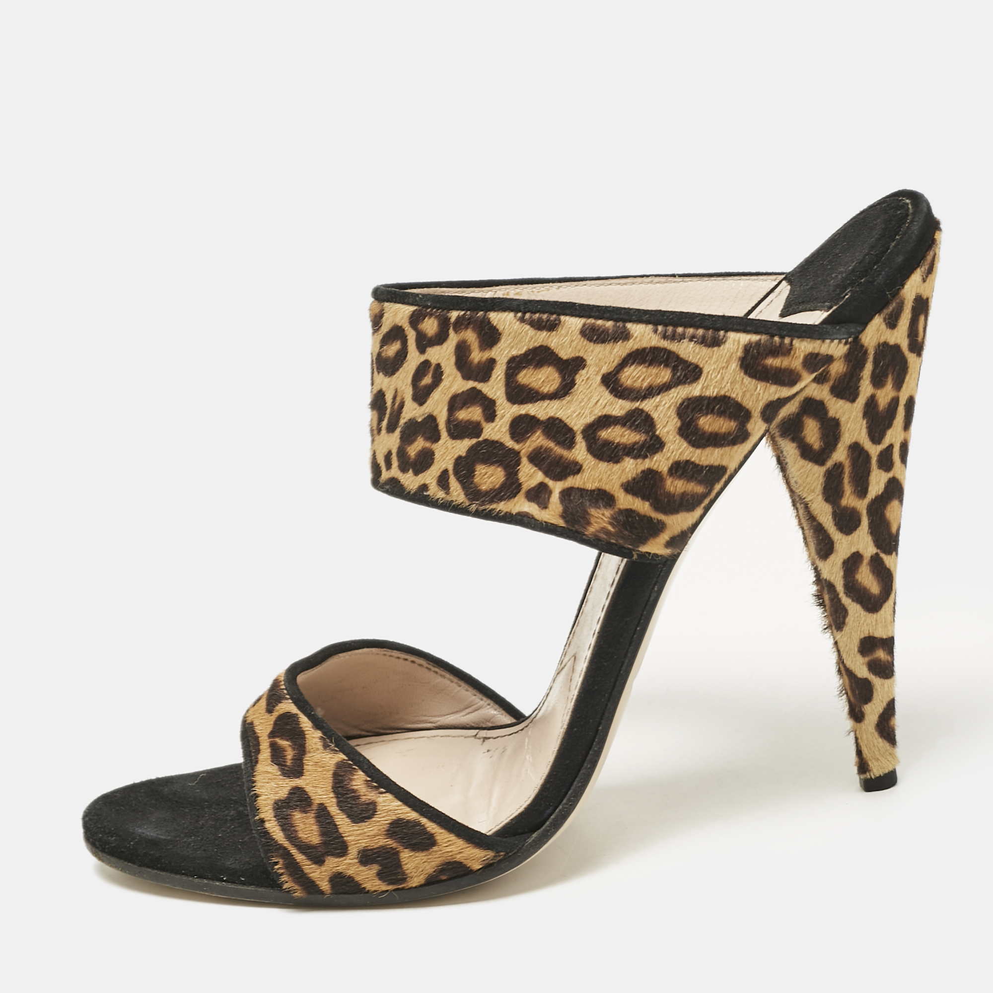 

Miu Miu Brow Leopard Print Calf Hair and Suede Slide Sandals Size, Brown