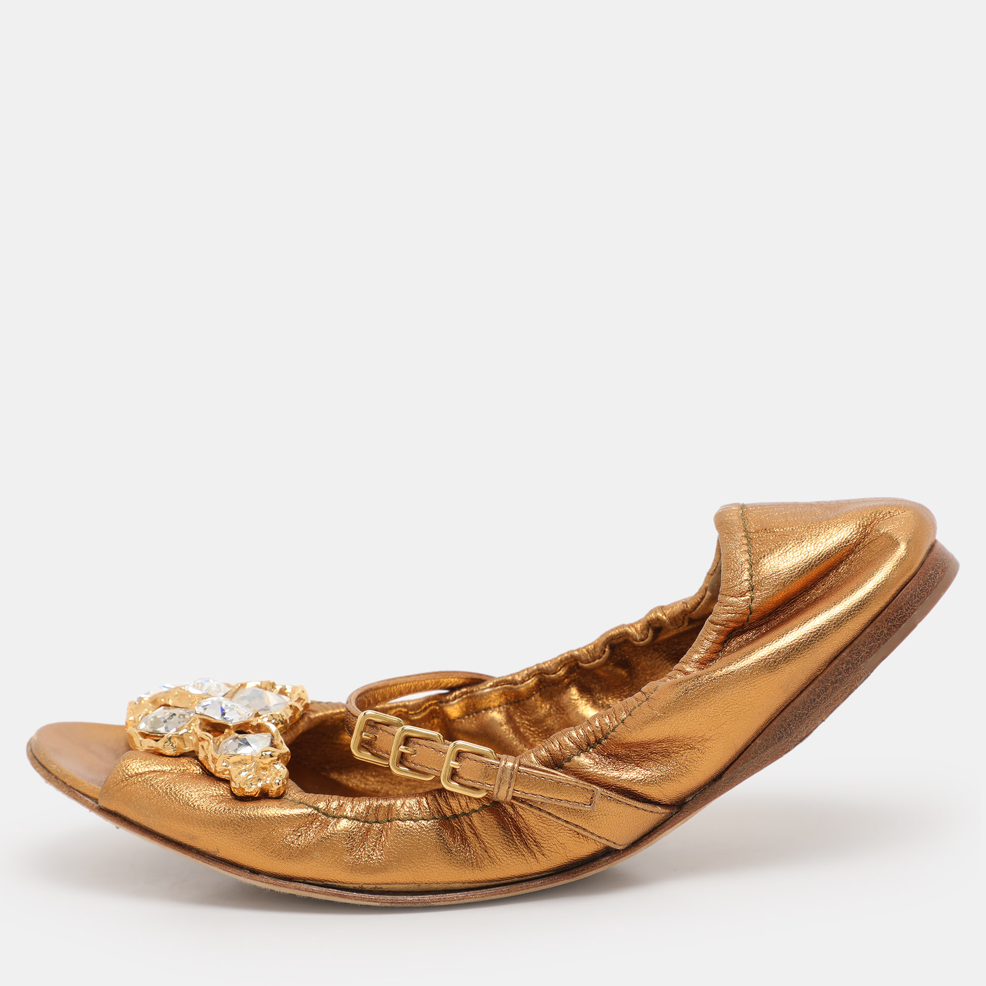 

Miu Miu Gold Leather Embellished Scrunch Ballet Flats Size