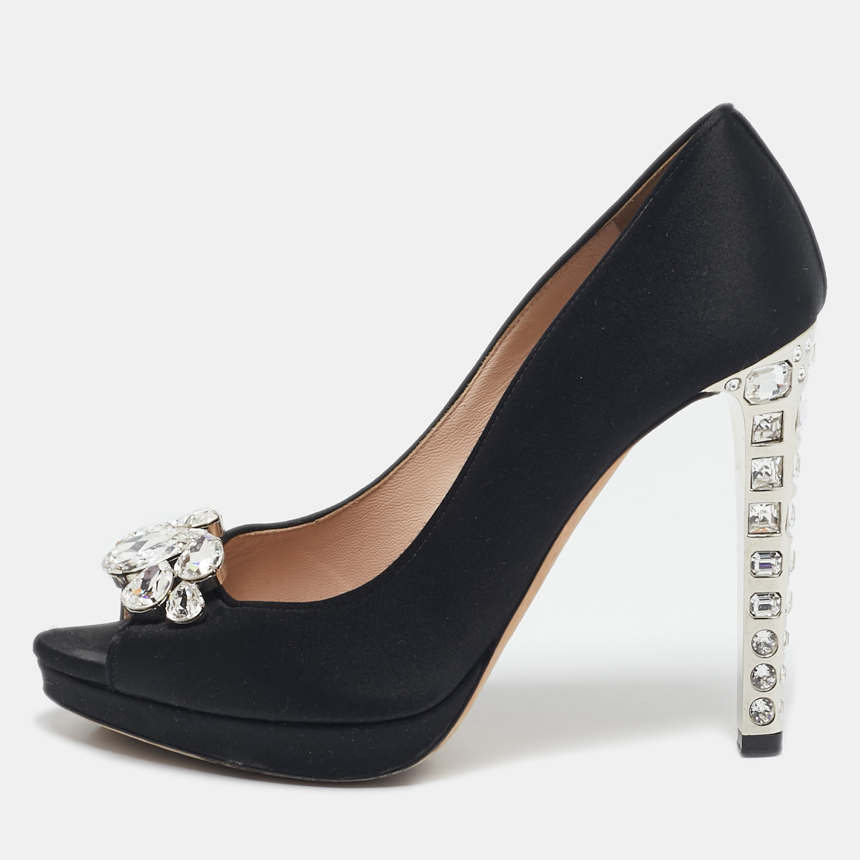 

Miu Miu Black Satin Crystal Embellished Heel Peep Toe Platform Pumps Size