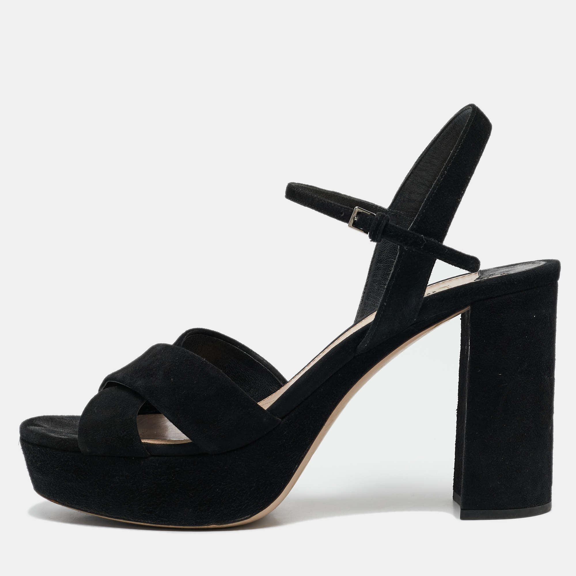 

Miu Miu Black Suede Platform Block Heel Ankle Strap Sandals Size