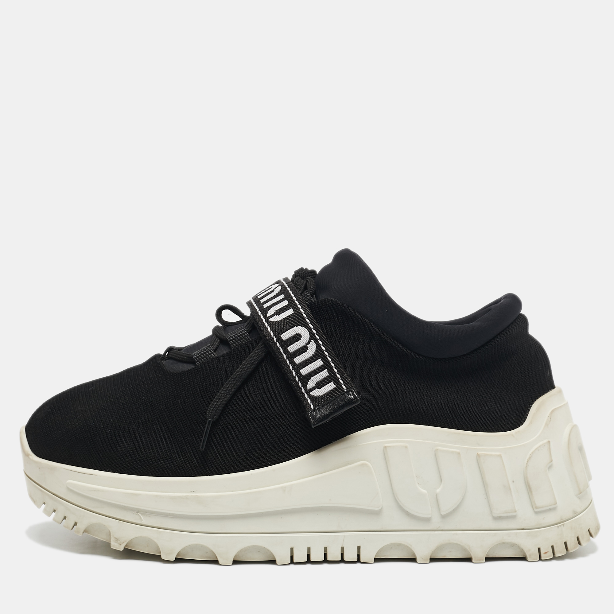 

Miu Miu Black Fabric Graphic Trim Lace Up Sneakers Size