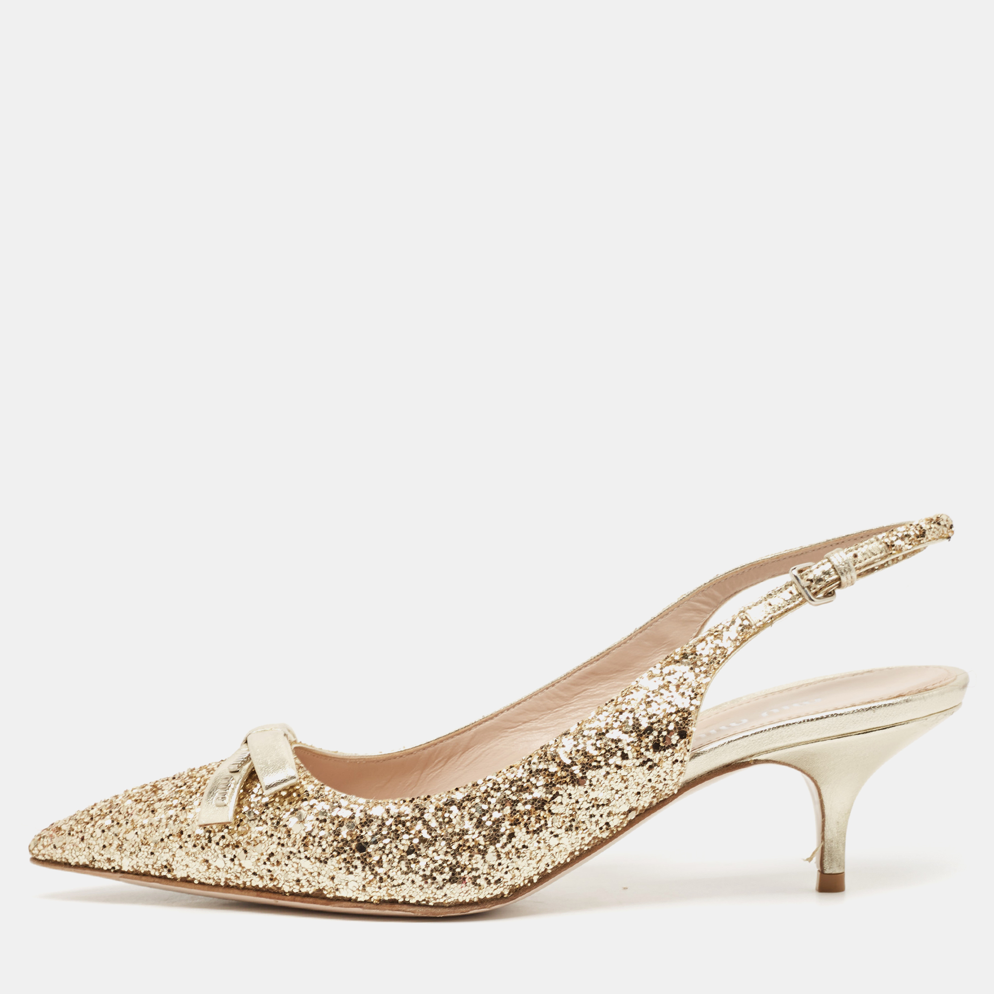 

Miu Miu Gold Glitters and Leather Bow Slingback Pumps Size