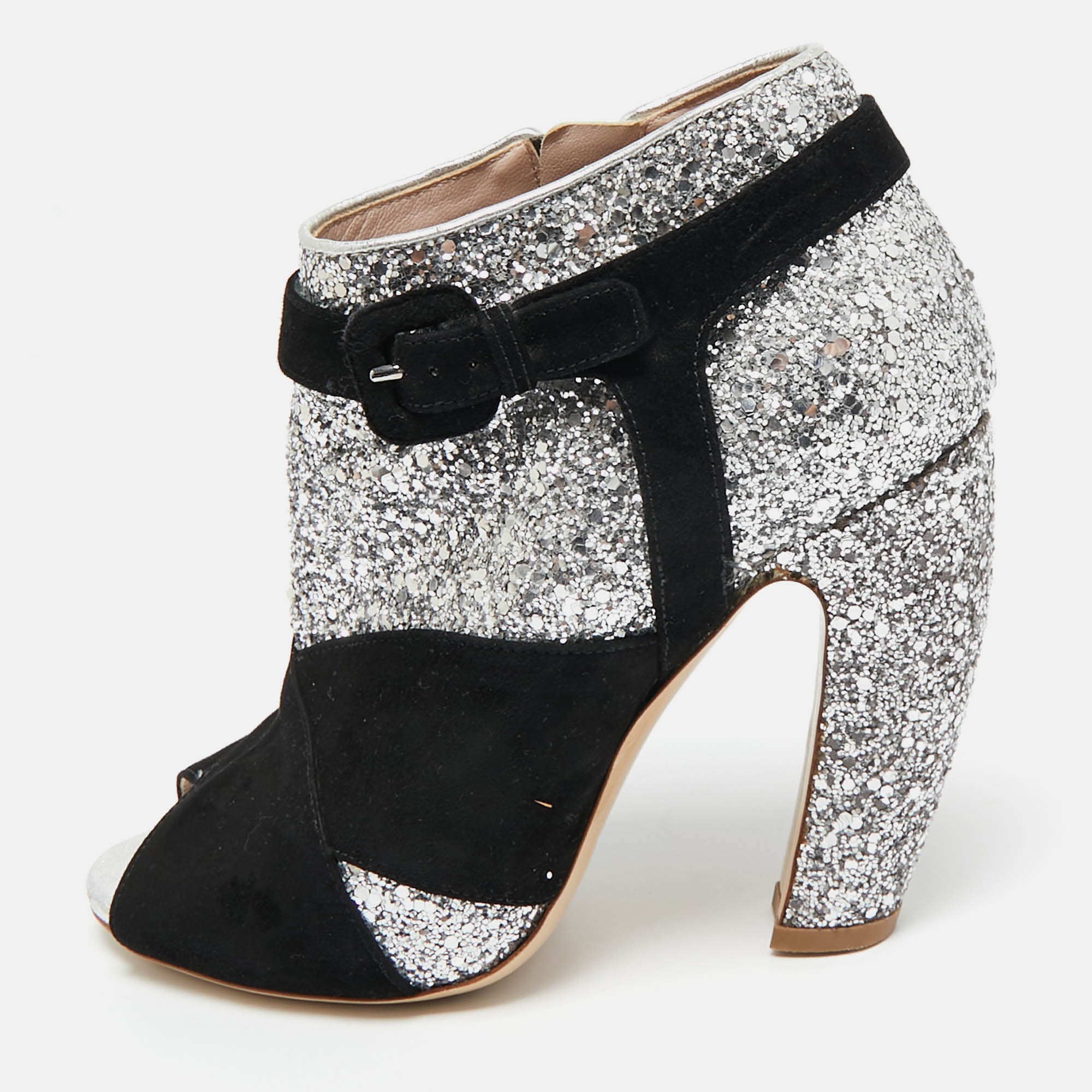 

Miu Miu Silver/Black Glitter and Suede Peep-Toe Ankle Boots Size