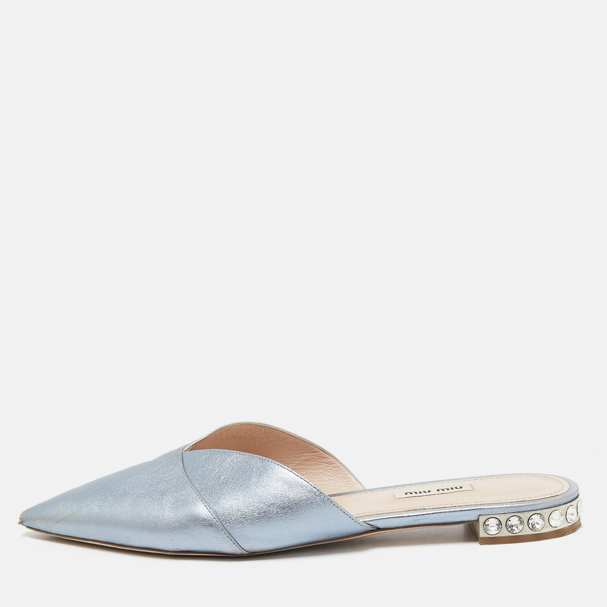 

Miu Miu Metallic Blue Leather Crystal Embellished Mules Size