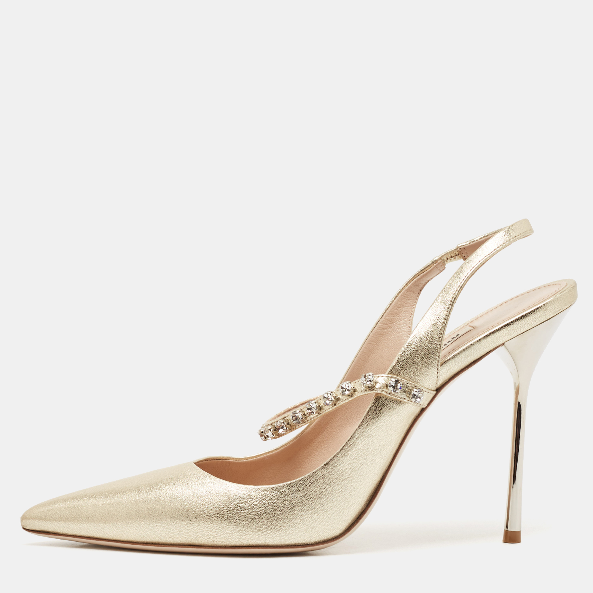 

Miu Miu Metallic Gold Leather Crystal Embellished Pumps Size