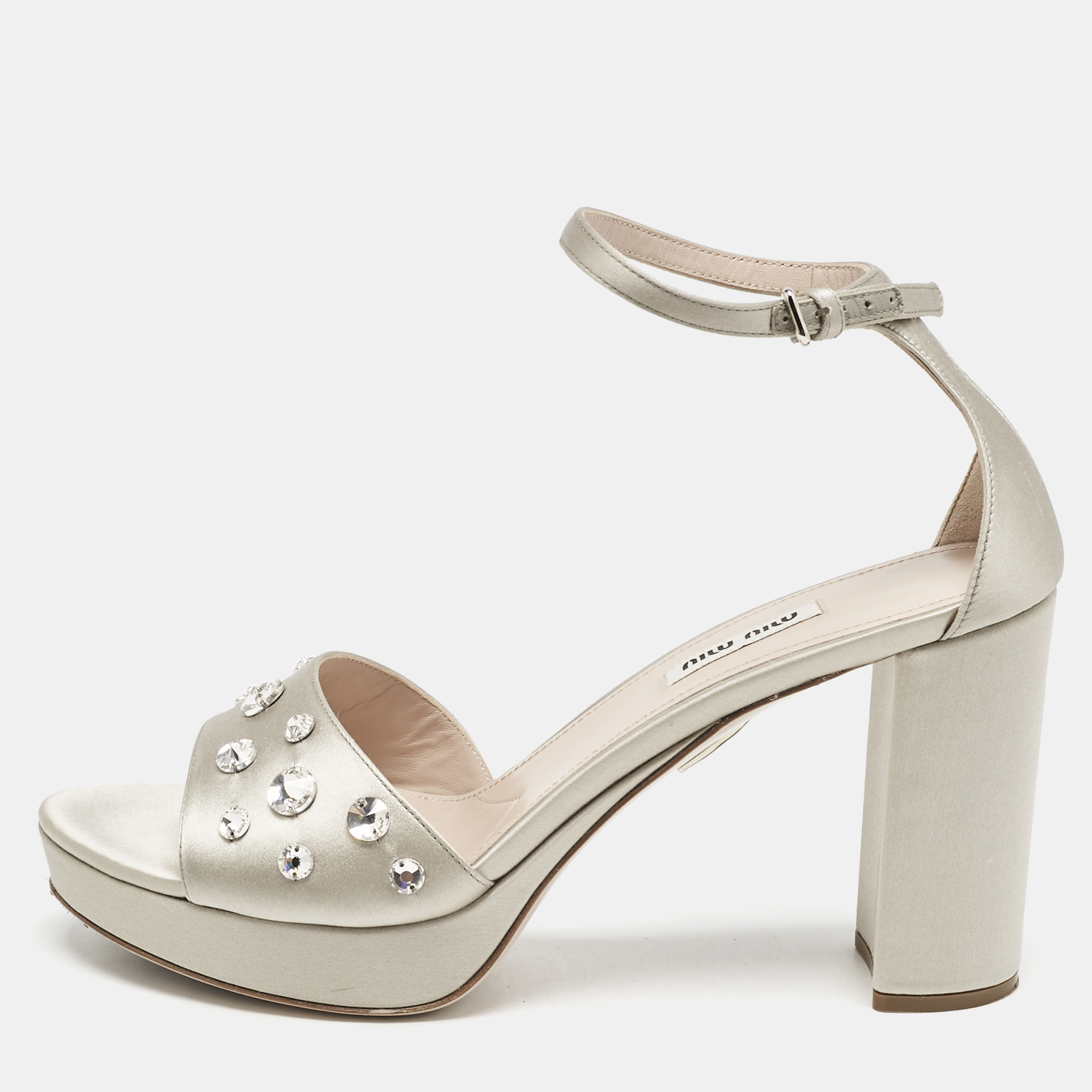 

Miu Miu Grey Satin Crystal Embellished Platform Sandals Size