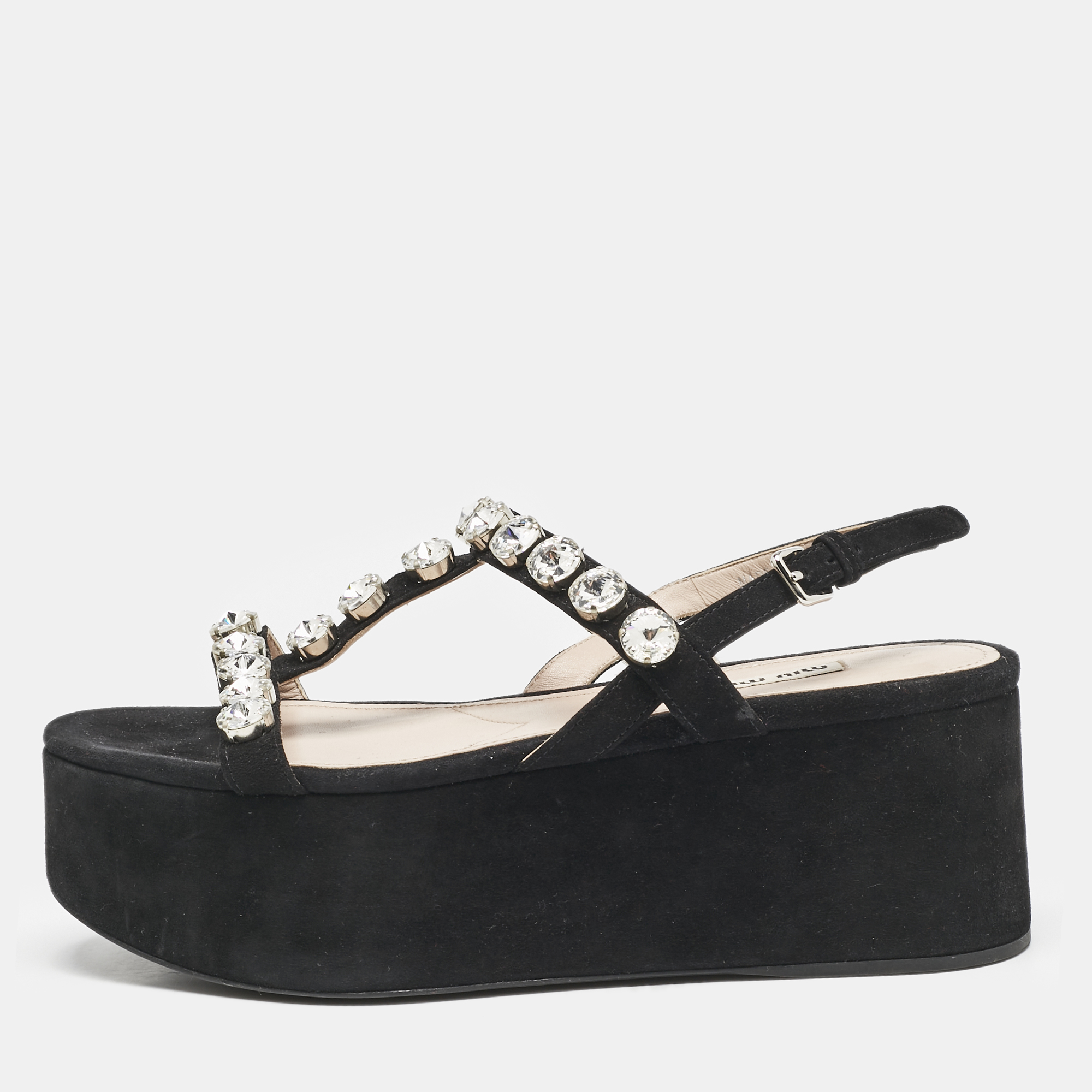 

Miu Miu Black Suede Crystal Embellished Platform Sandals Size