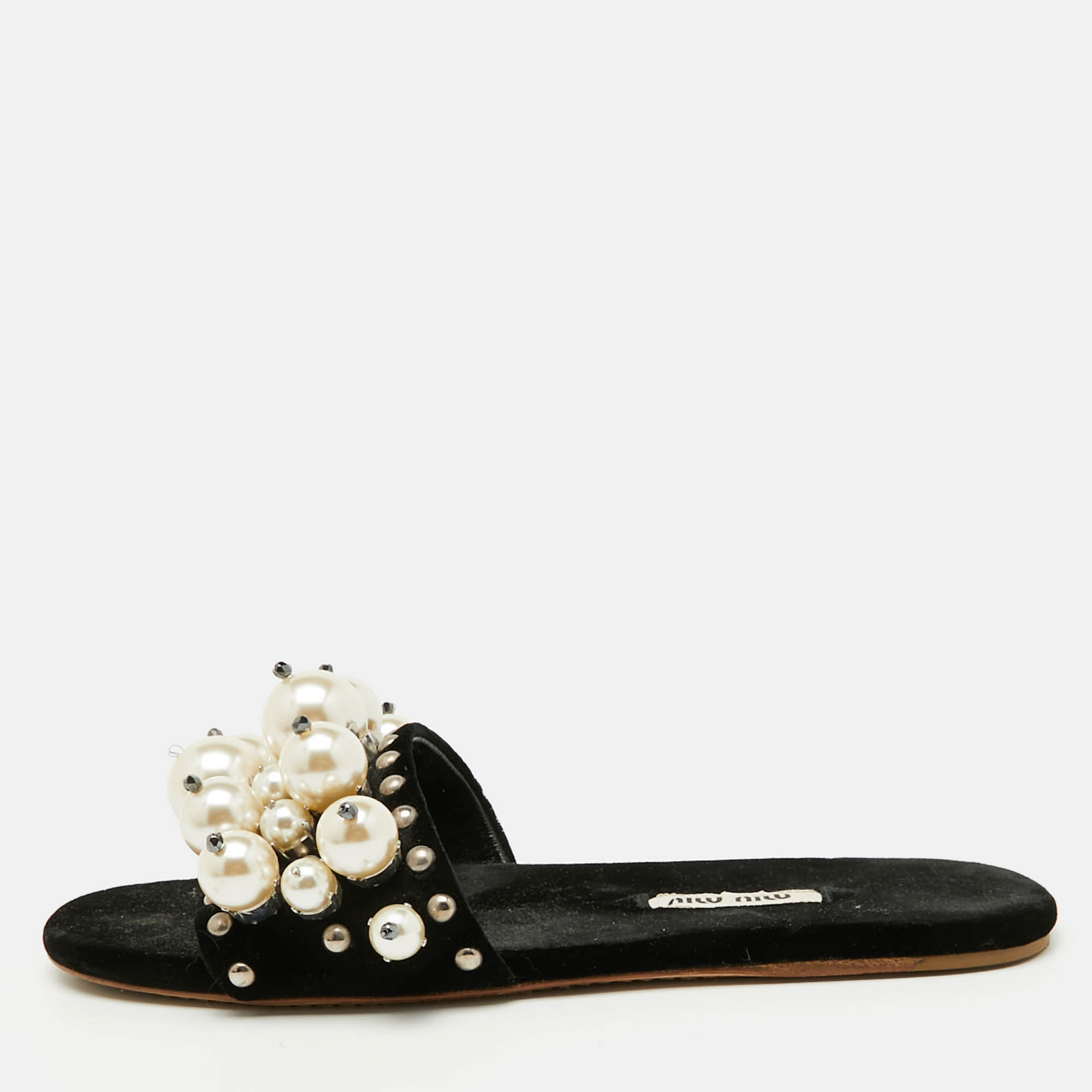 

Miu Miu Black Velvet Faux Pearl Embellished Flat Slide Sandals Size