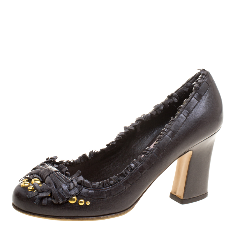 Pre Owned Miu Miu Dark Grey Leather Studded Fringe Bow Detail Pumps Size 38