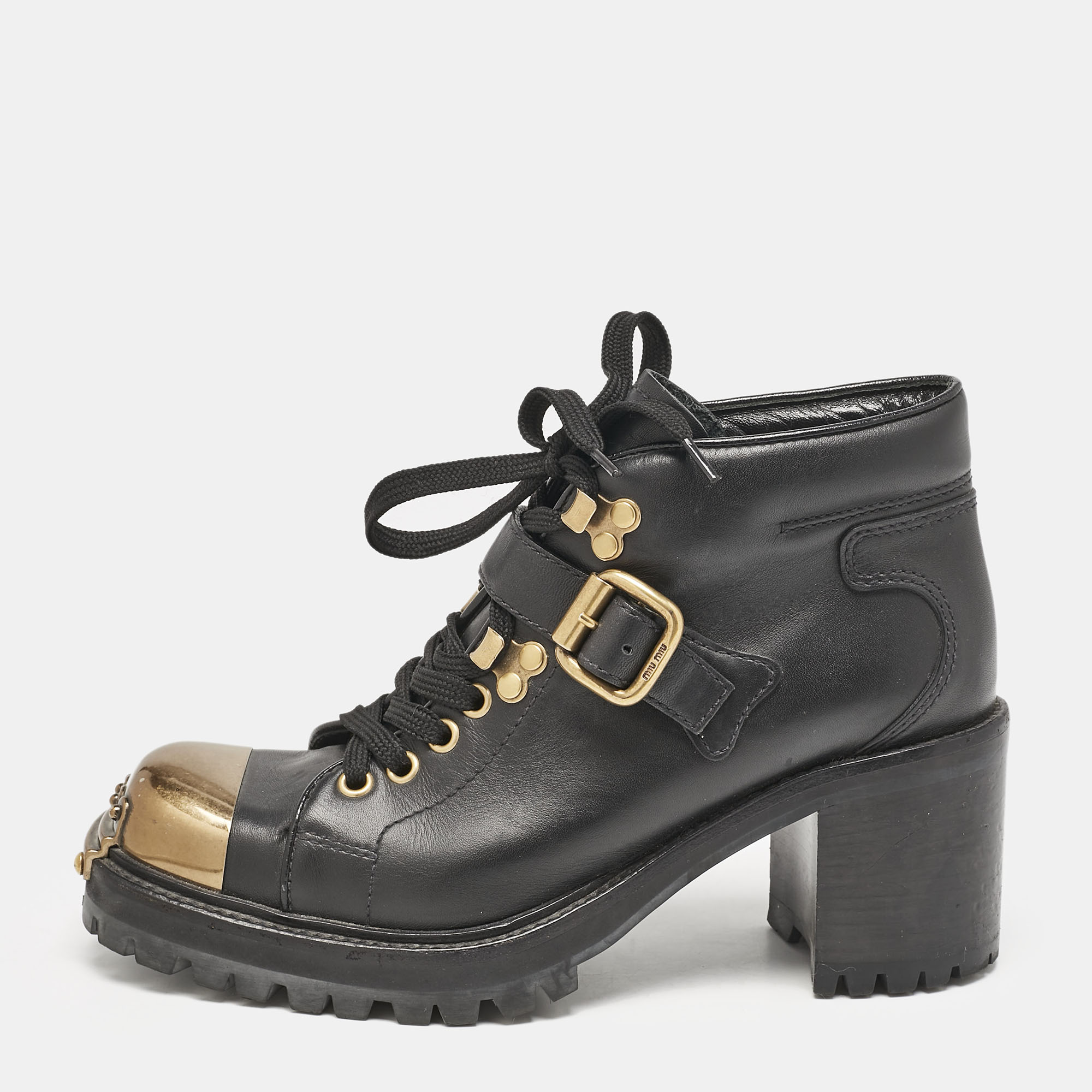 

Miu Miu Black lLather Block Heel Ankle Combat Boots Size
