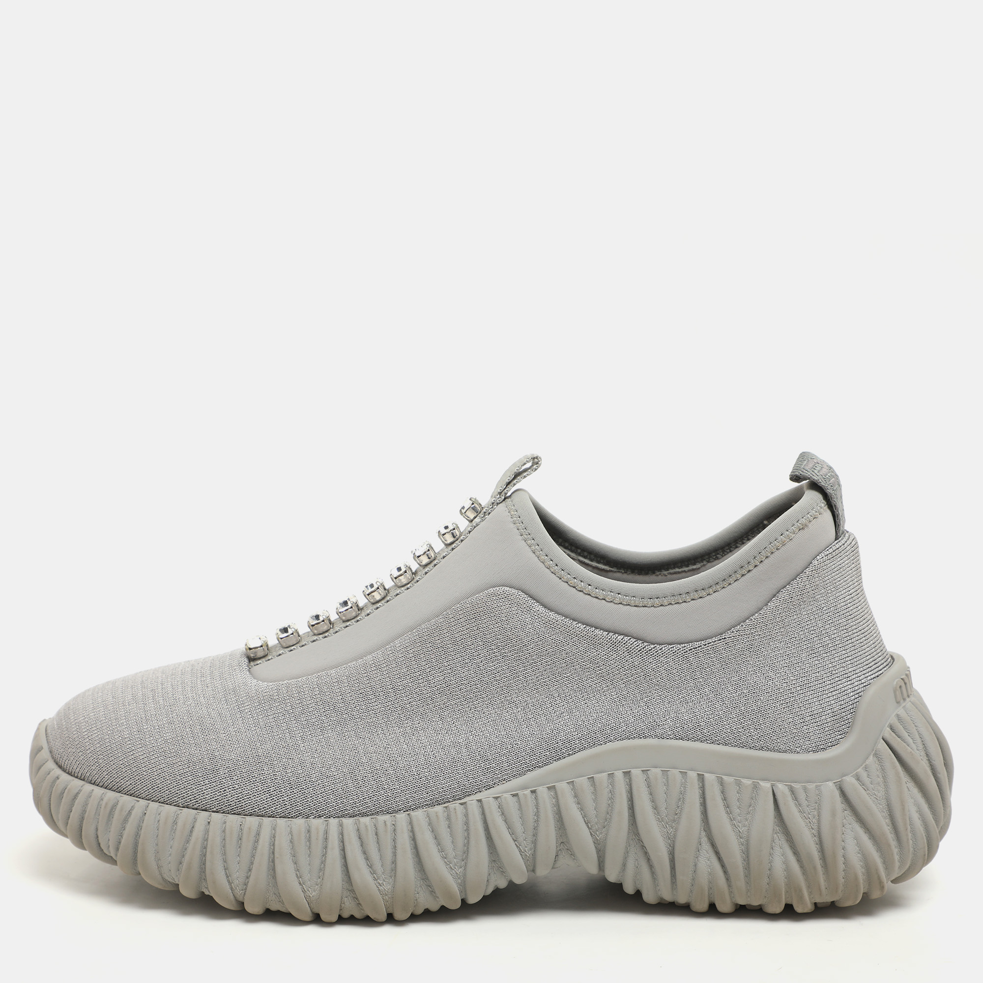 Pre-owned Miu Miu Grey Stretch Knit Crystal-embellished Slip-on Sneakers 36.5