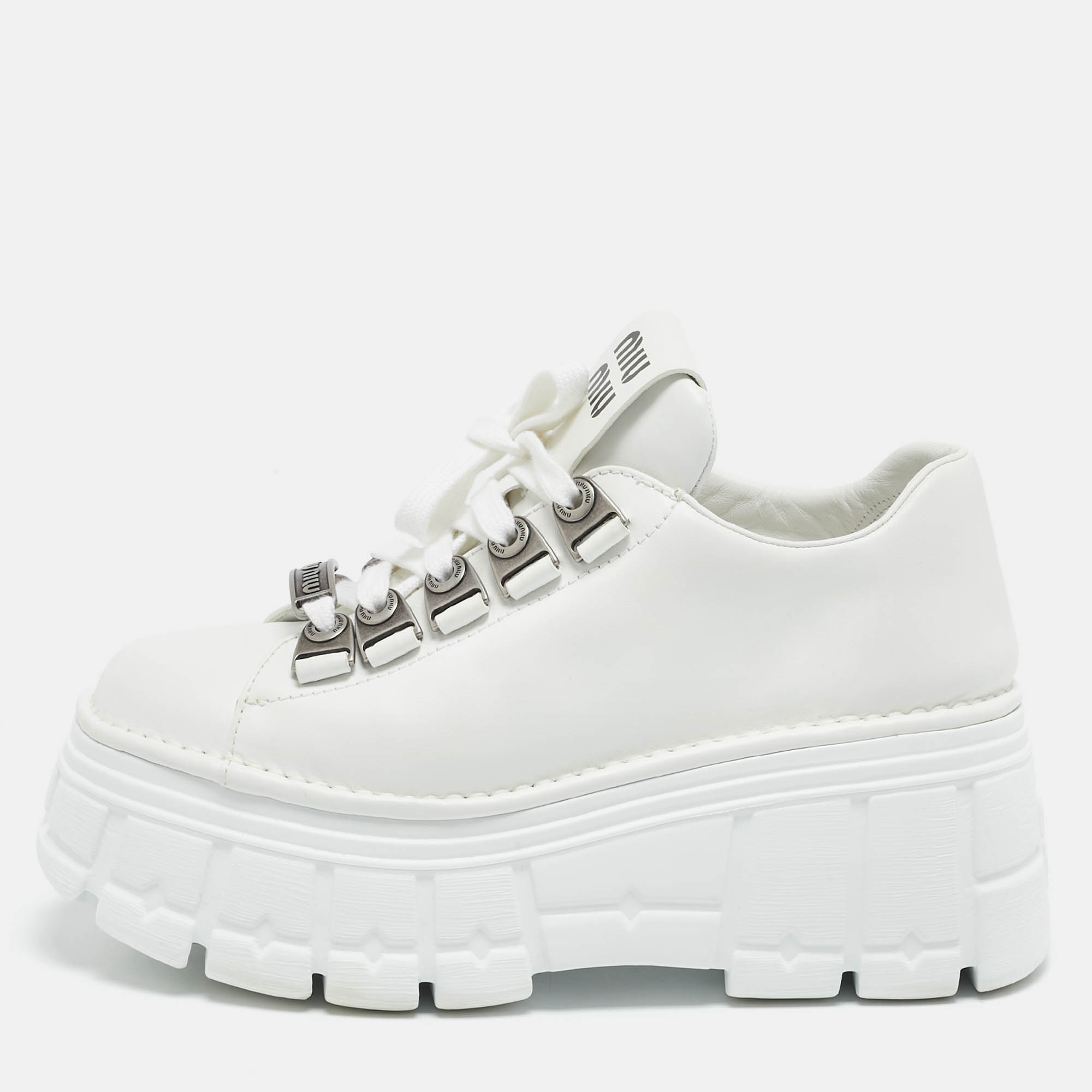 Pre-owned Miu Miu White Leather Platform Lace Up Sneakers Size 39