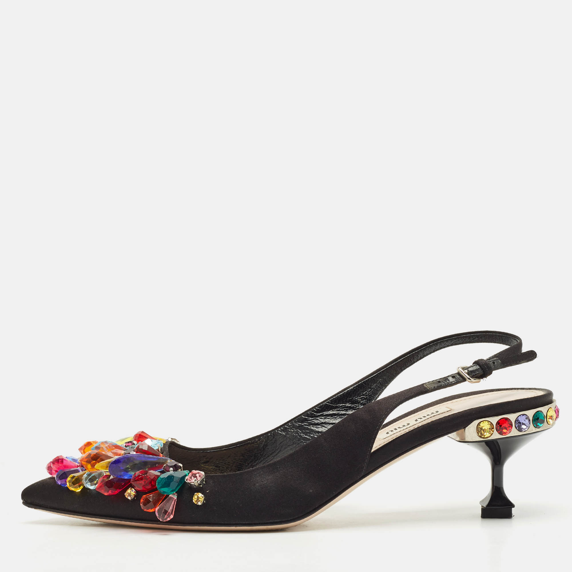 

Miu Miu Black Satin Crystal Embellished Slingback Pumps Size