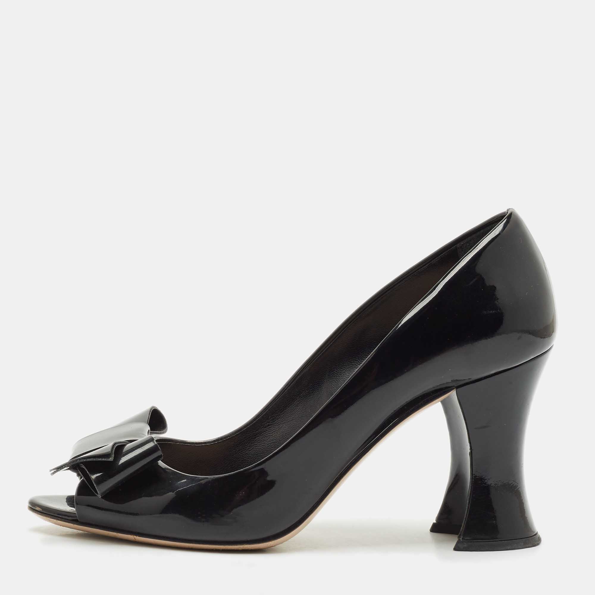 

Miu Miu Black Patent Leather Bow Peep Toe Pumps Size