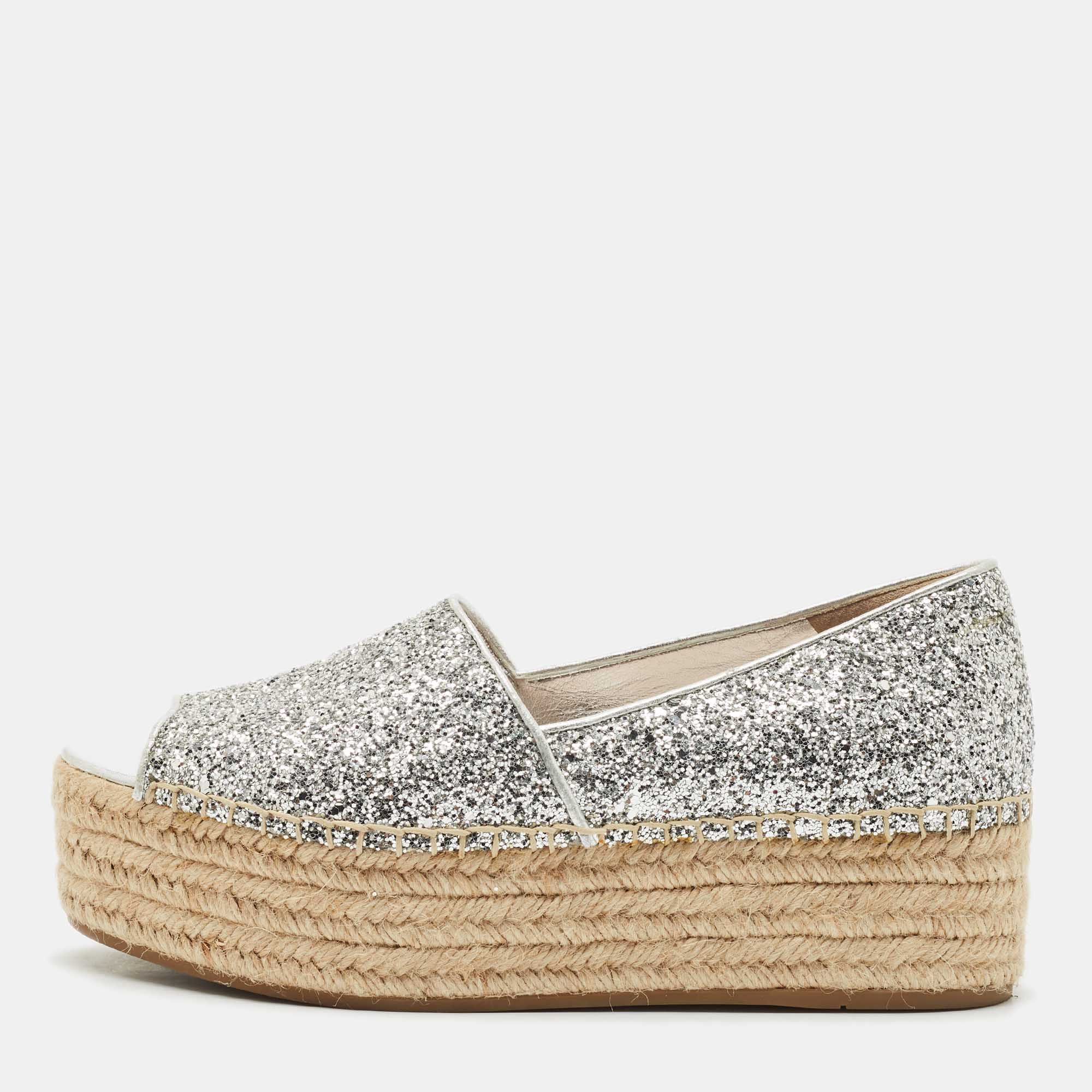 

Miu Miu Silver Glitter Platform Espadrille Flats Size