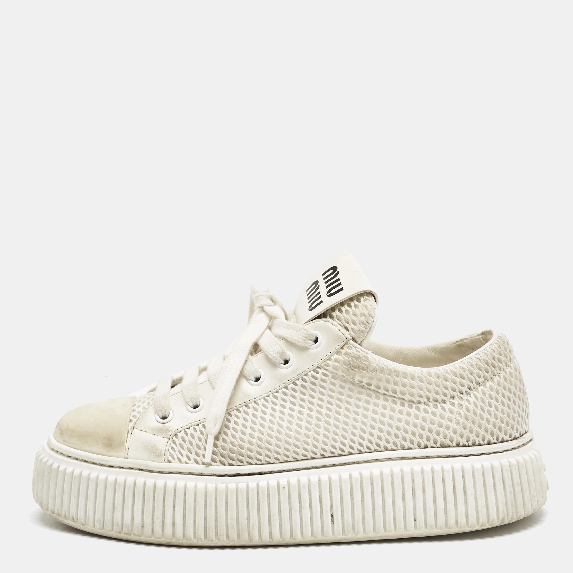 

Miu Miu White Leather and Mesh Platform Sneakers Size
