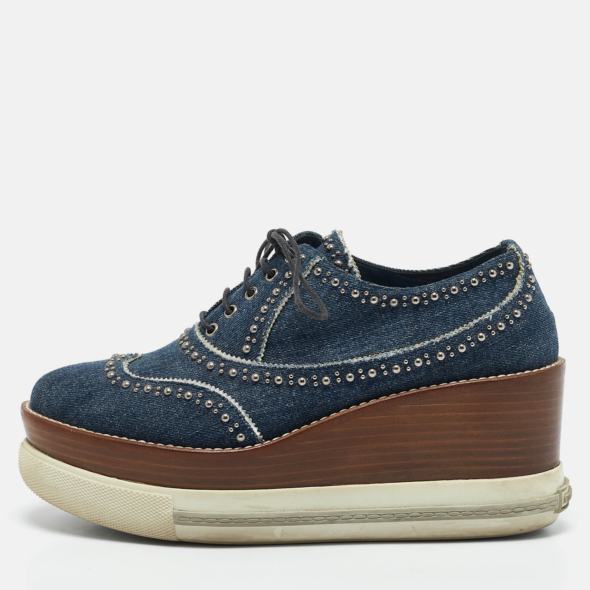 

Miu Miu Blue Denim Wedge Platform Oxfords Size