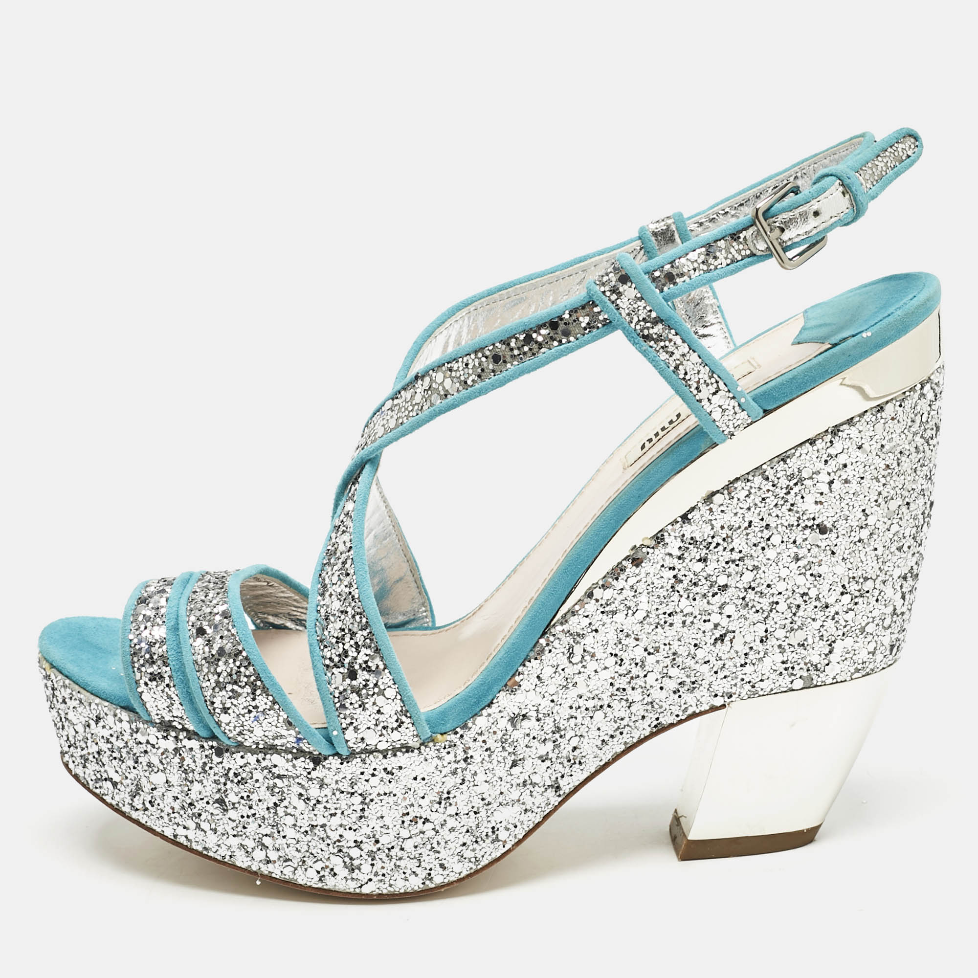 

Miu Miu Blue/Silver Glitter and Suede Platform Sandals Size