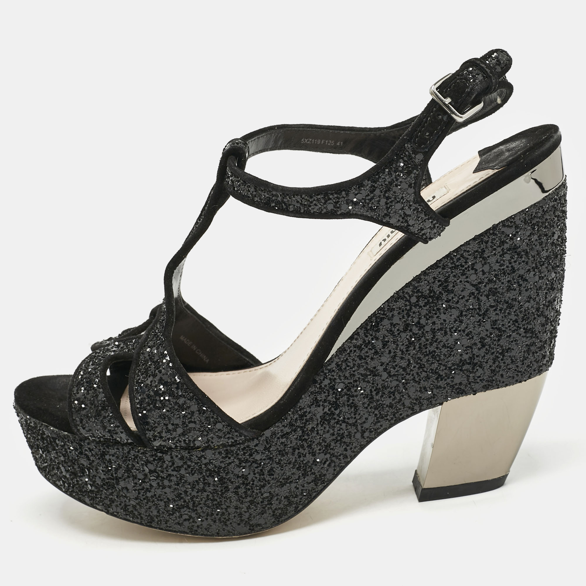 

Miu Miu Black Glitter Wedge Slingback Sandals Size