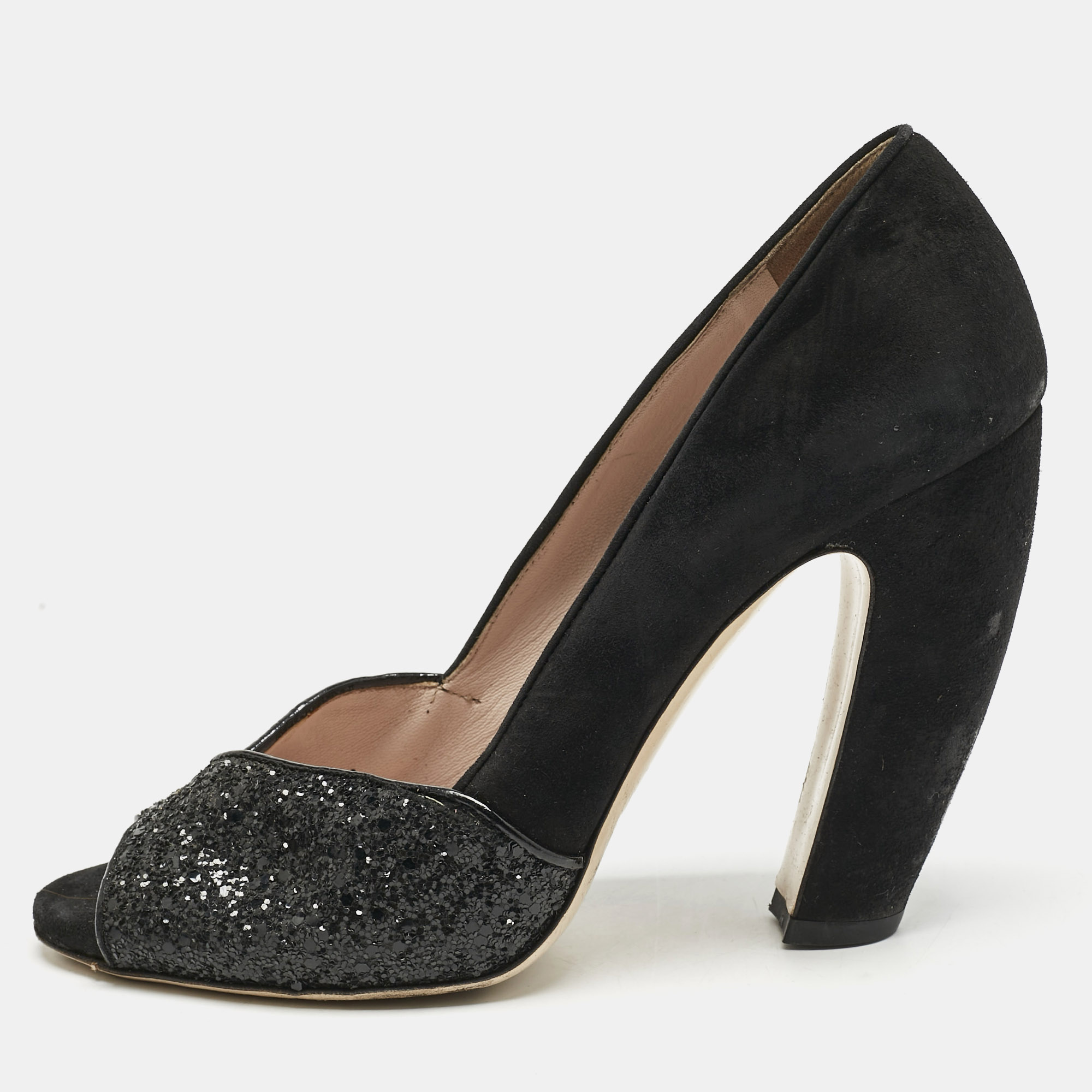 

Miu Miu Black Glitter and Suede Curved Peep Toe Pumps Size