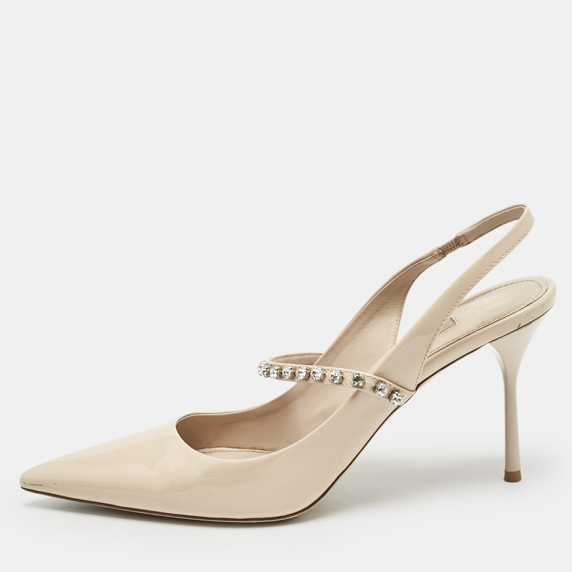 

Miu Miu Beige Patent Leather Crystal Embellished Slingback Pump Size
