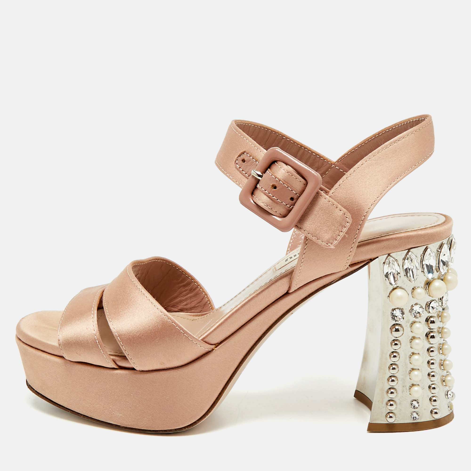 Pre-owned Miu Miu Pink Satin Crystal Embellished Heel Platform Sandals Size 35