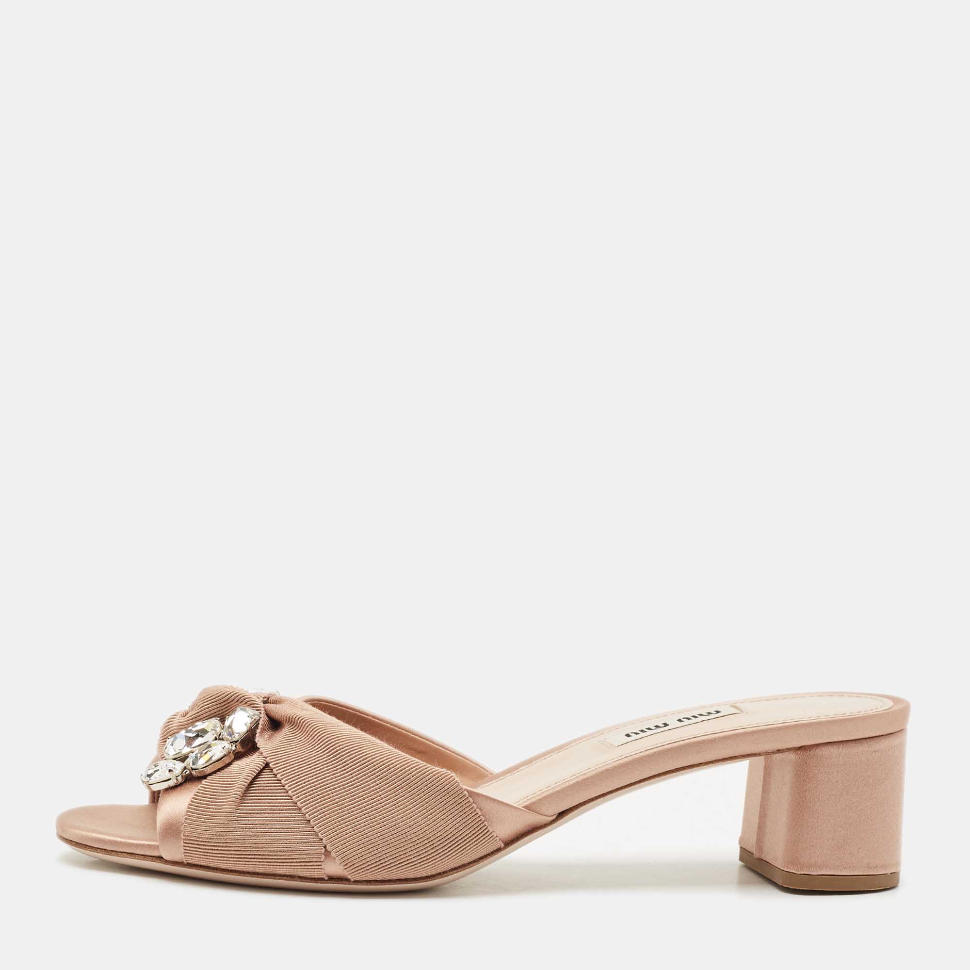 

Miu Miu Beige Satin Crystals Knot Slide Sandals Size